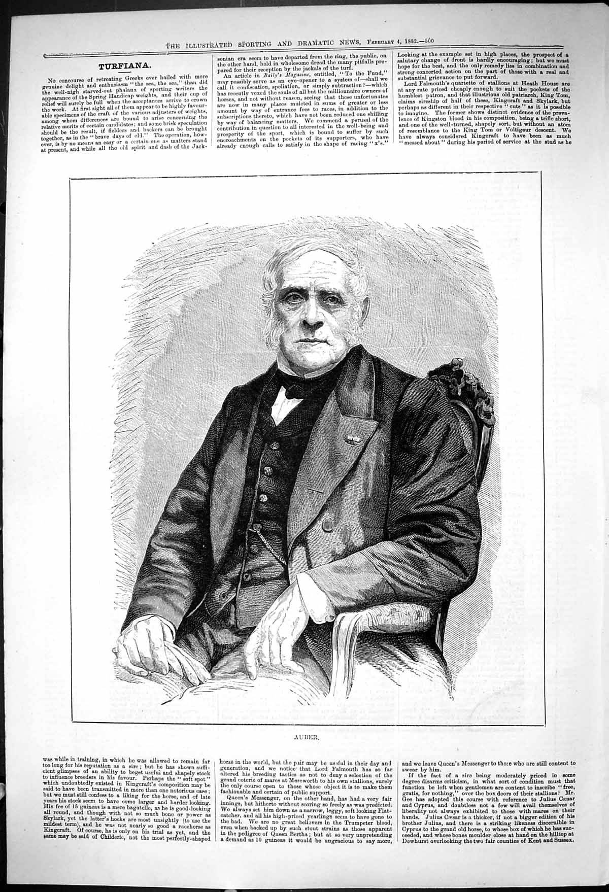Original Old Antique Print 1882 Portrait Auber Man Sitting Chair 19th
