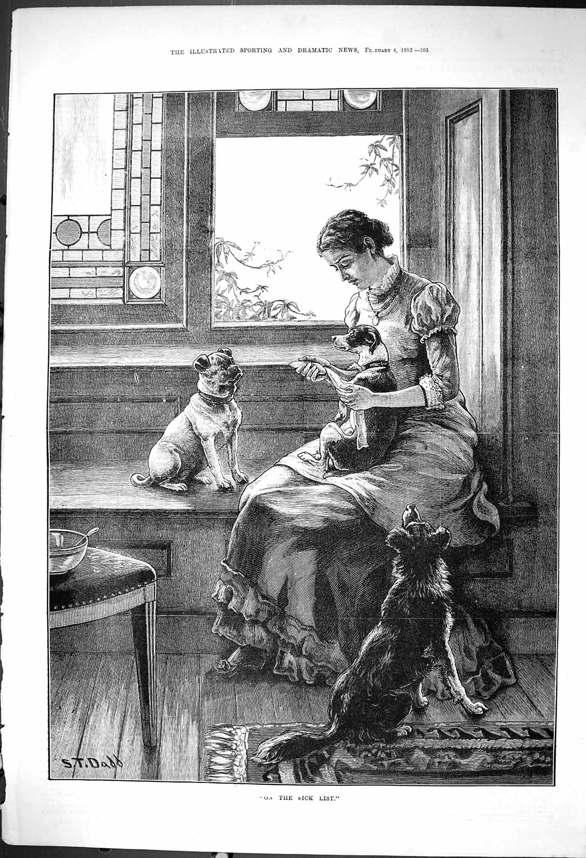 Old Print 1882 Sick List Woman Injured Puppuy Dogs Animals Dadd Fine Art 19th