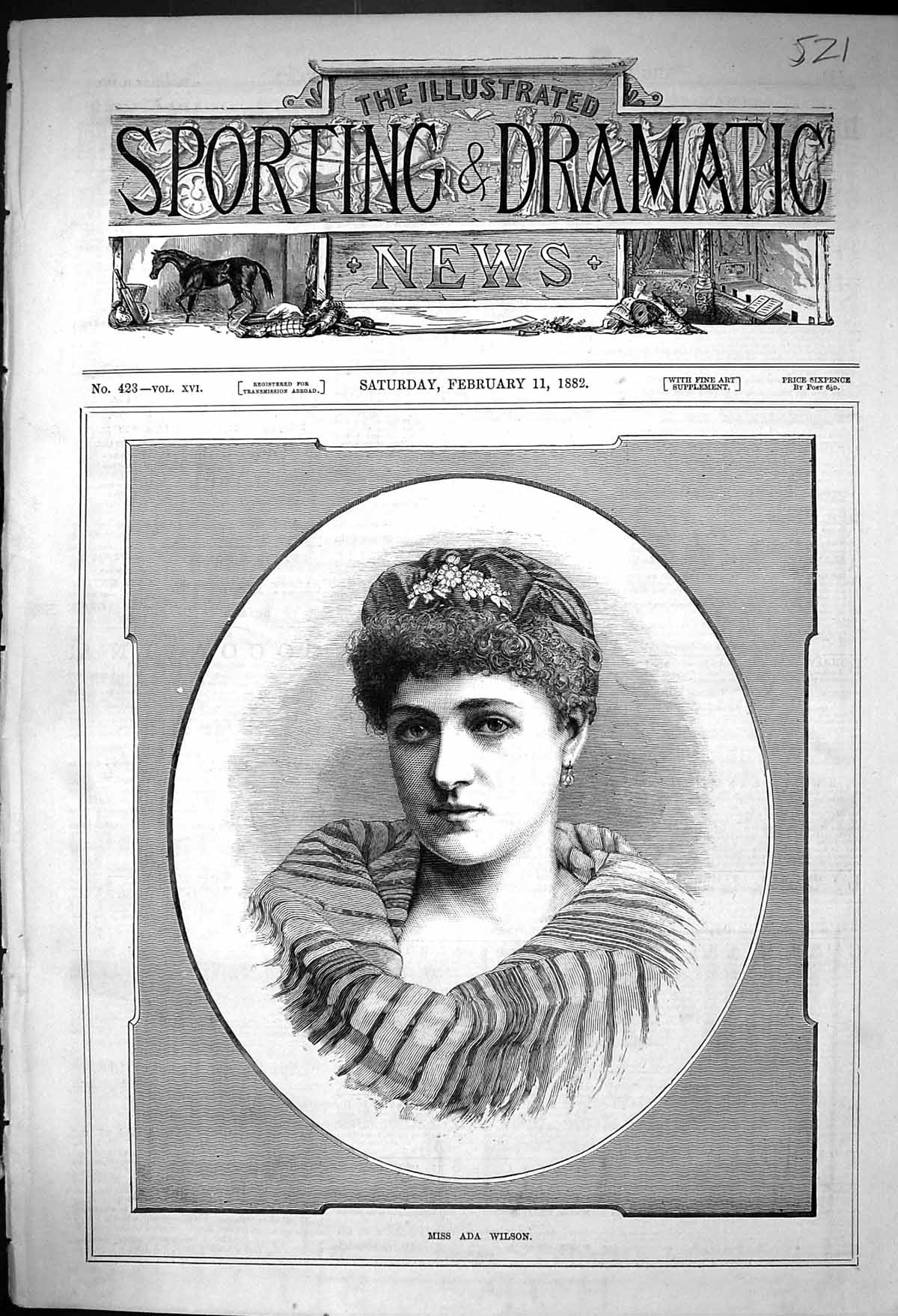 Original Old Antique Print 1882 Portrait Miss Ada Wilson Beautiful Woman 19th