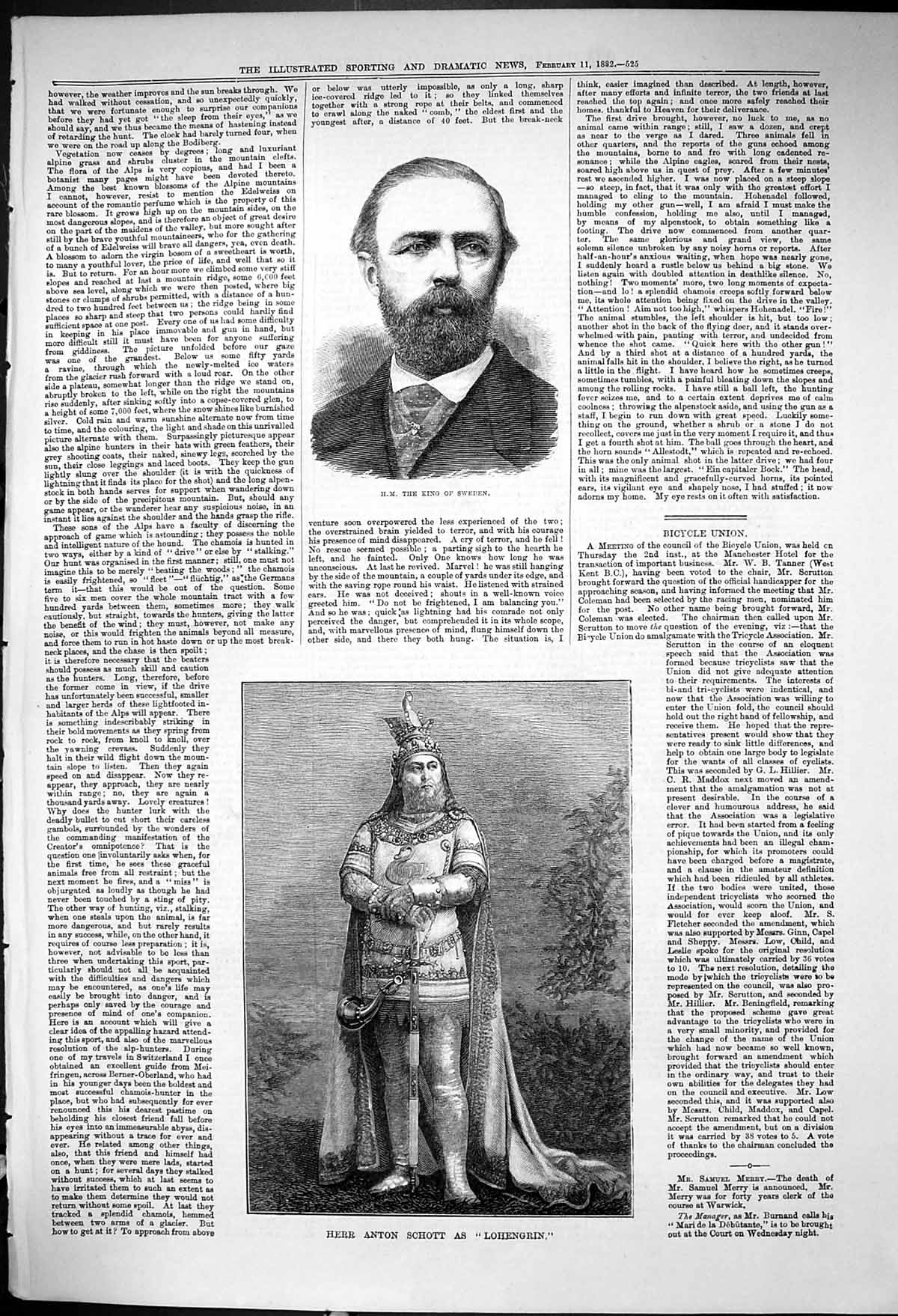 Antique Print 1882 Portrait King Sweden Herr Anton Schott Lohengrin Theatre