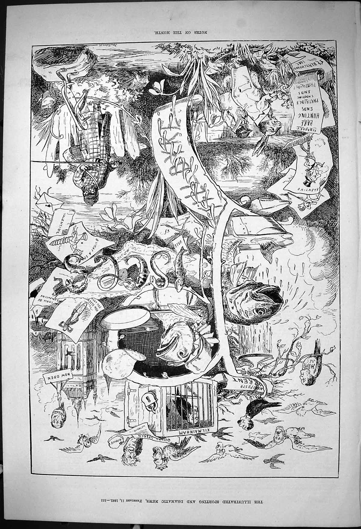 Old 1882 Notes Month February Man Fishing Valentines Hare Hunting Spo Victorian