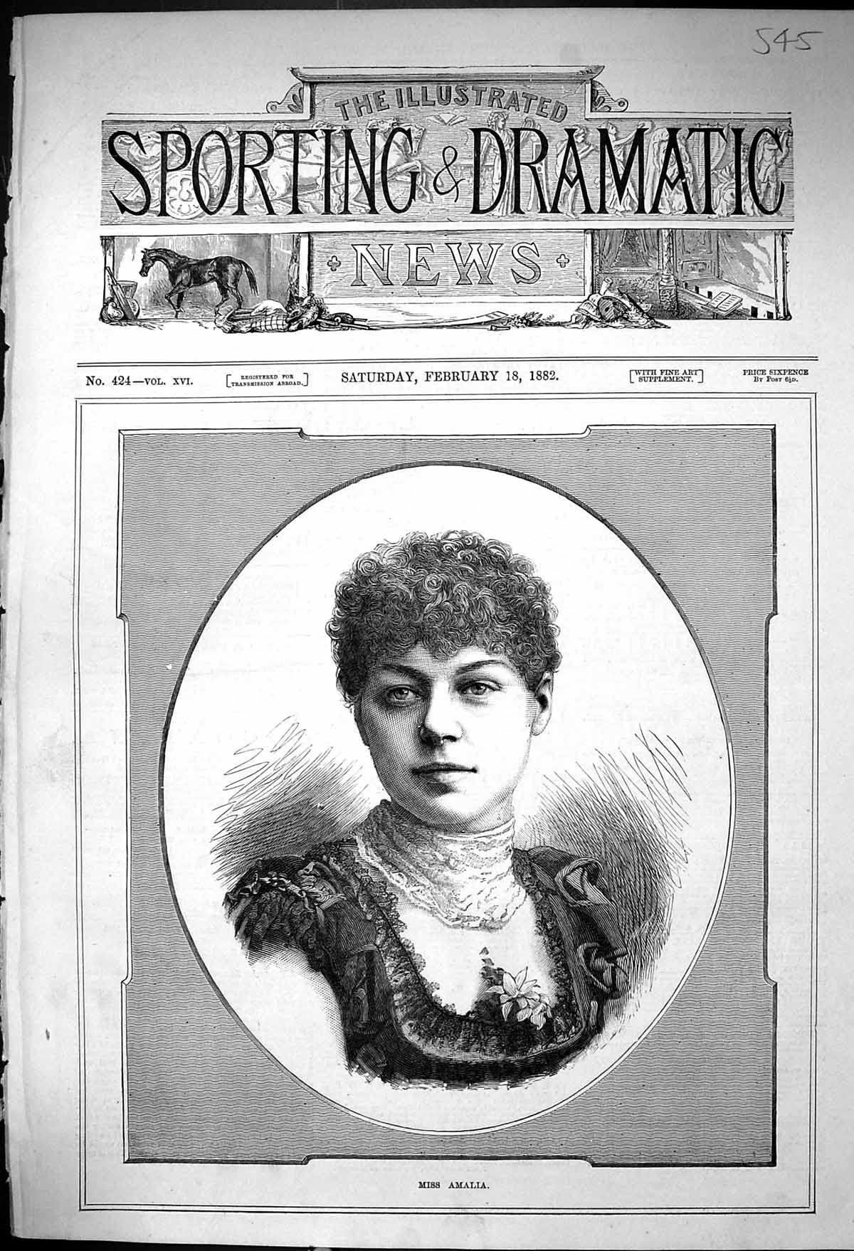 Original Old Antique Print 1882 Portrait Miss Amalia Beautiful Woman Victorian