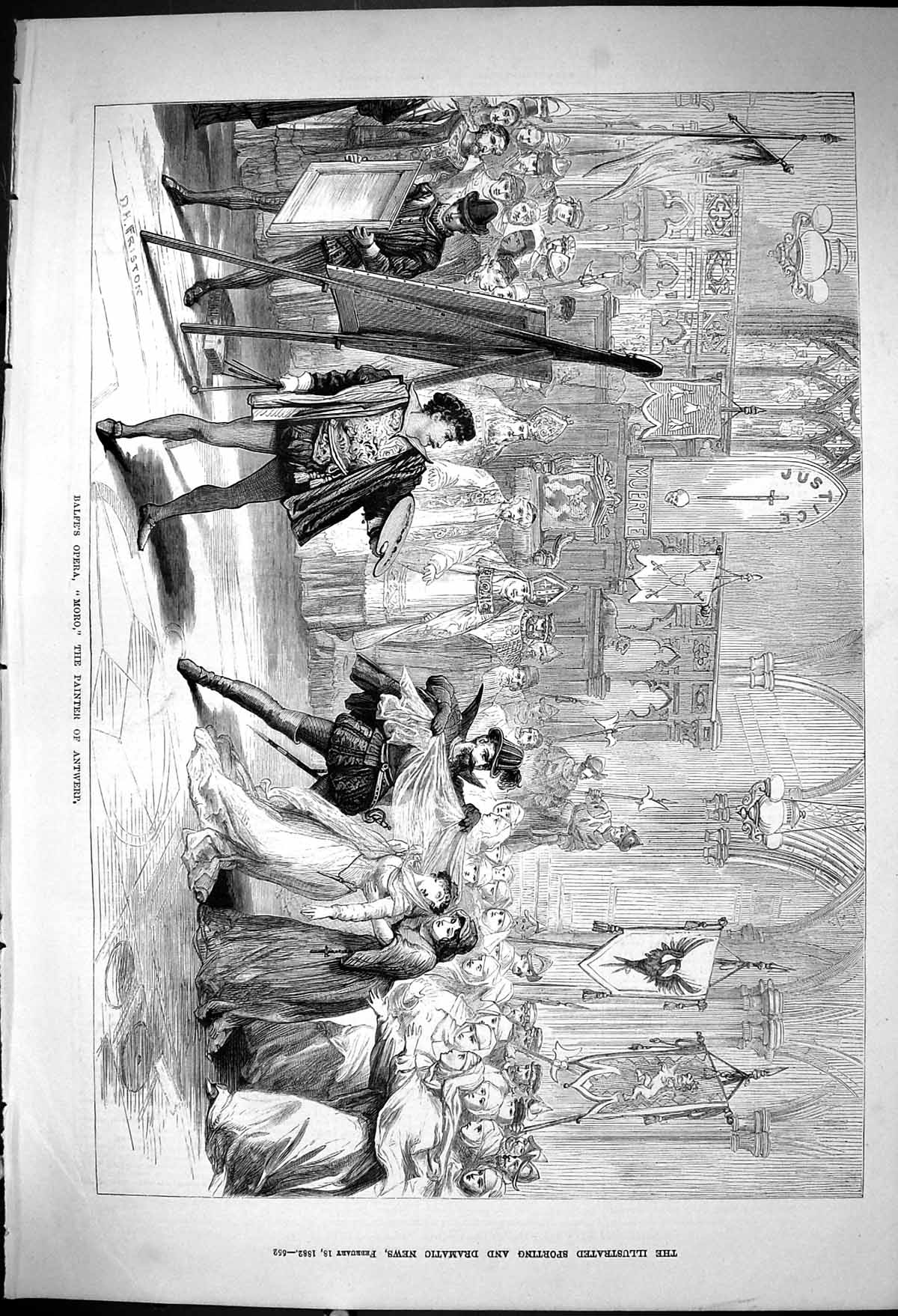 Antique Old Print 1882 Balfe Opera Moro Painter Antwerp Theatre Actors Scene