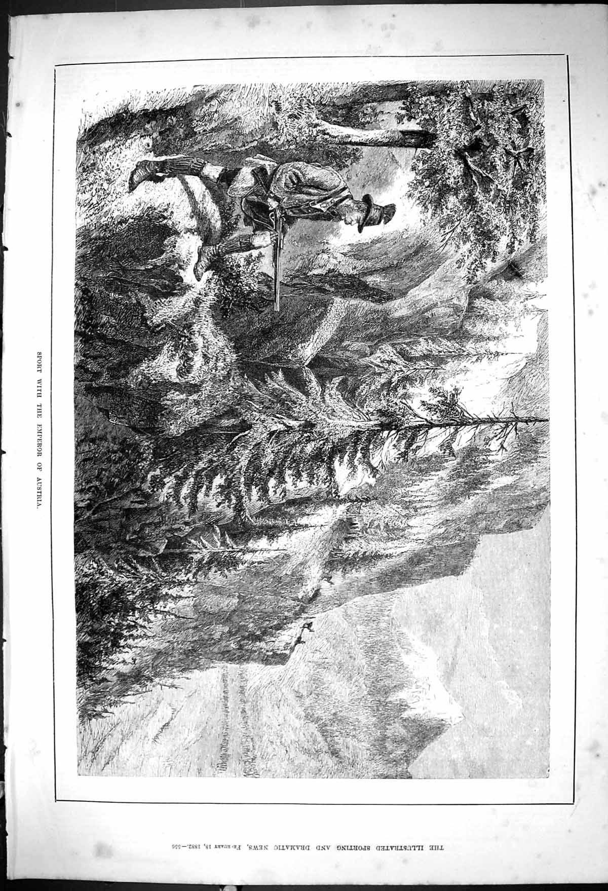 Antique Old Print 1882 Sport Emperor Austria Hunting Mountains Man Shooting