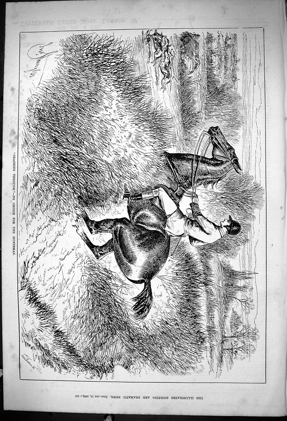Old 1882 Crashing Through Huntsman Runnaway Horse Hunting Hounds Dogs Victorian