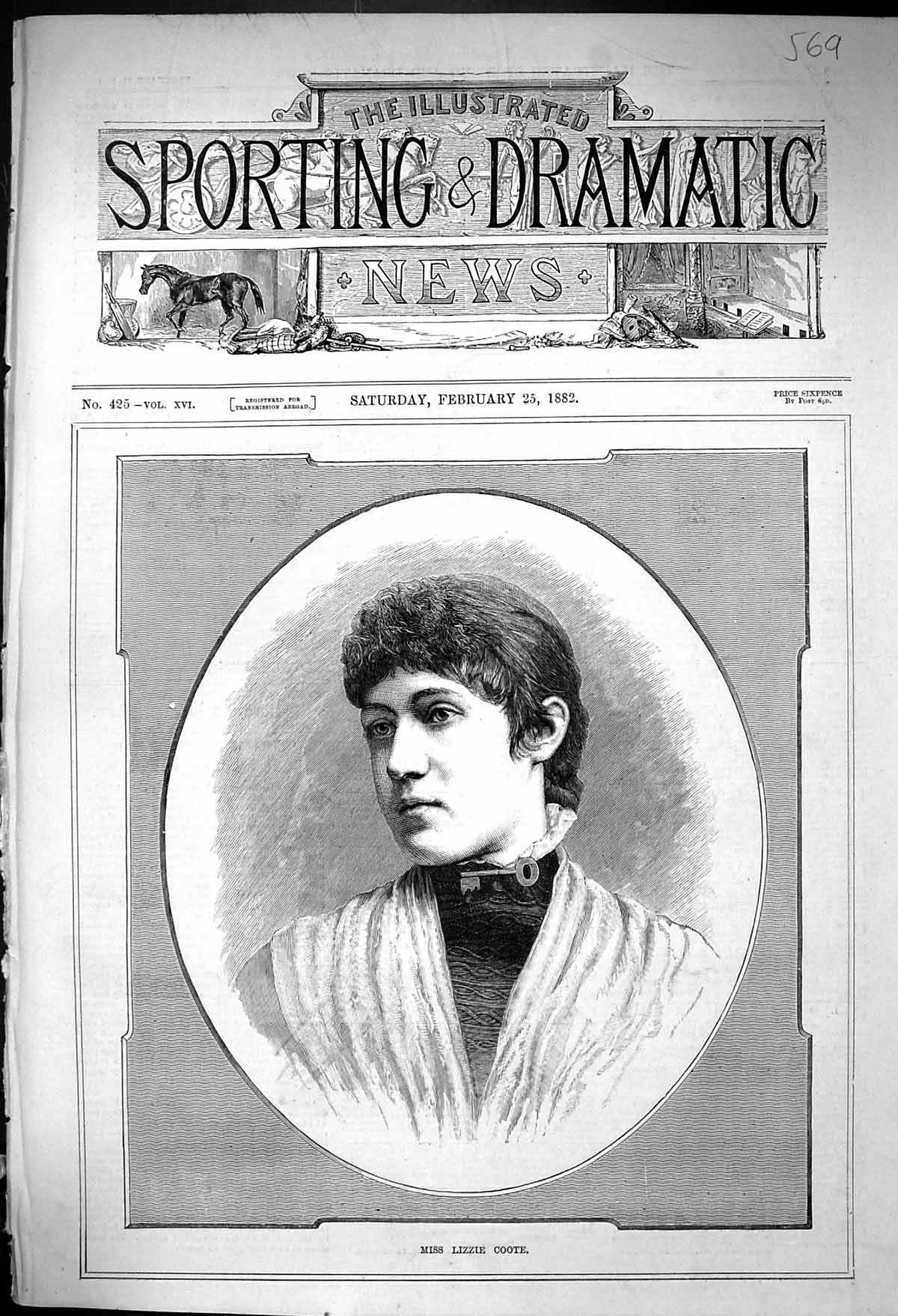 Original Old Antique Print 1882 Portrait Miss Lizzie Coote Beautiful Woman 19th