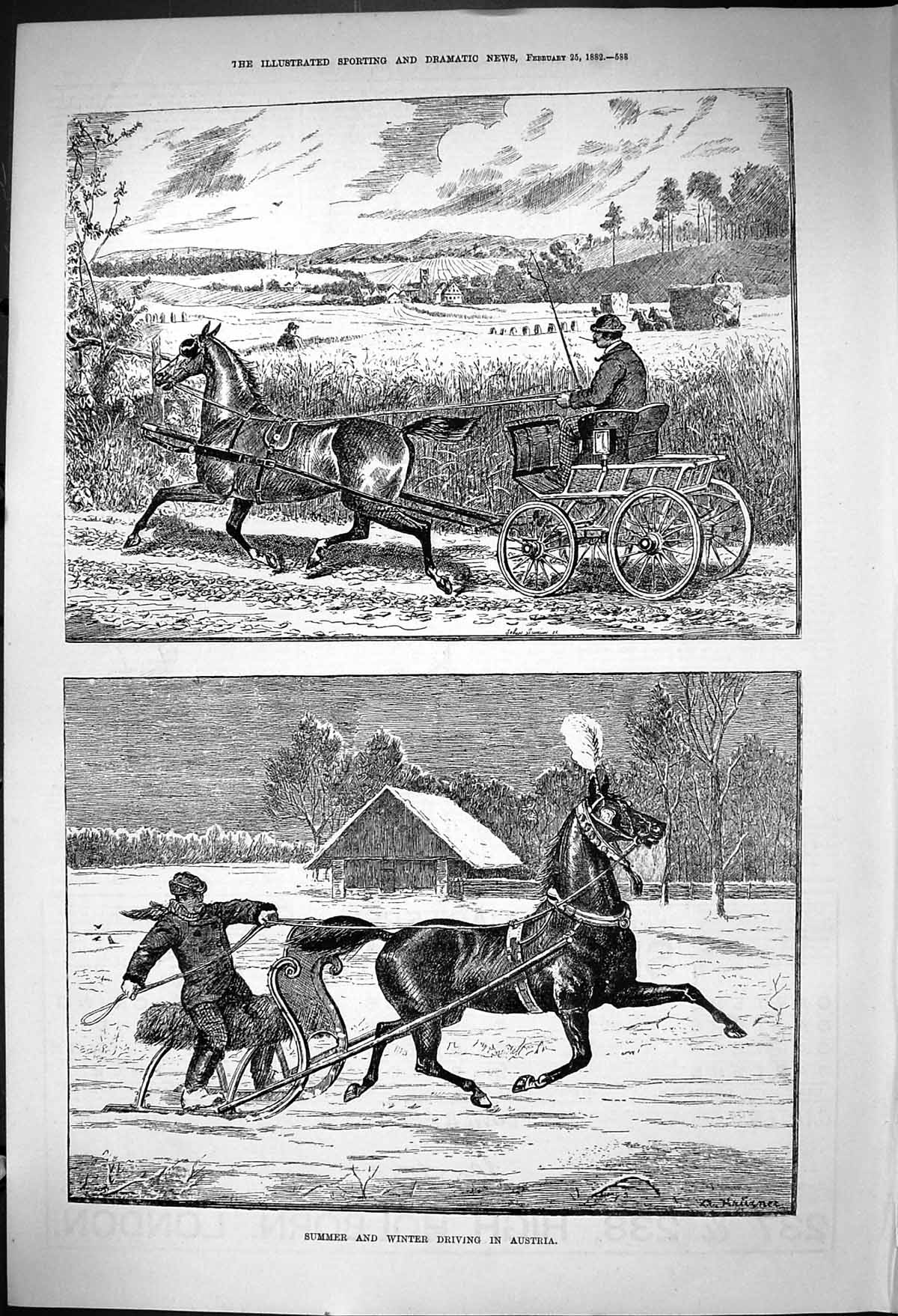 Old Print 1882 Summer Winter Driving Austria Horses Sledge Cart Transport 19th