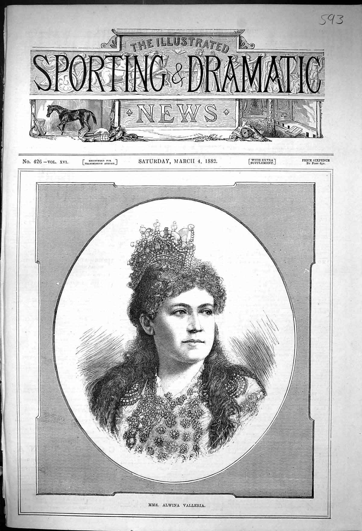 Original Old Antique Print 1882 Portrait Mme. Alwina Valleria Beautiful Woman