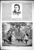 Antique Print 1882 Mme. Celeste Ladies Romance Eye Beauty Garden Scene Dogs