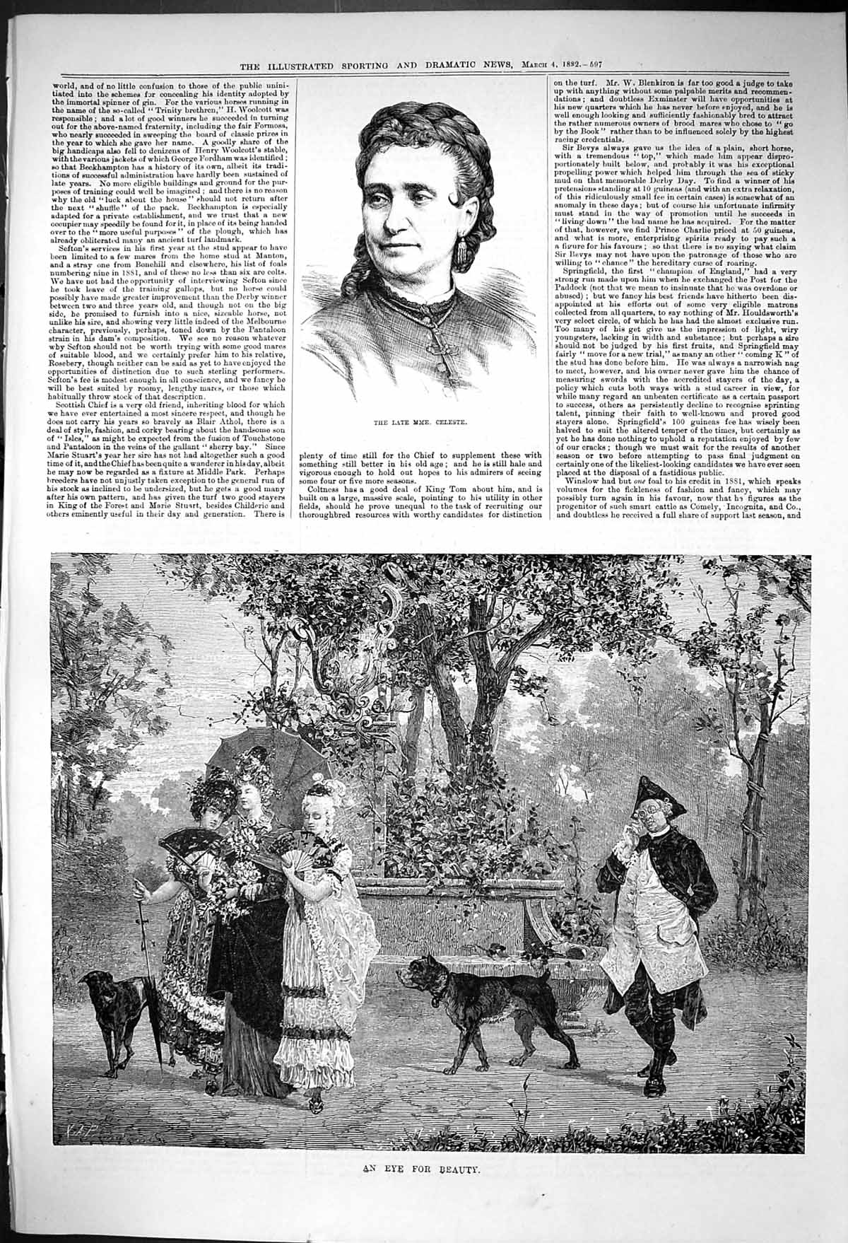 Antique Print 1882 Mme. Celeste Ladies Romance Eye Beauty Garden Scene Dogs