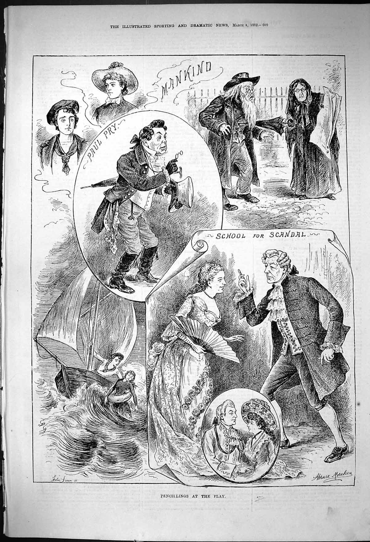 Old 1882 Pencillings Play Theatre Actors Paul Pry Mankind School Scan Victorian