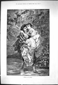 Original Old Antique Print 1882 Man Carring Lady Crossing Stream Romance 19th
