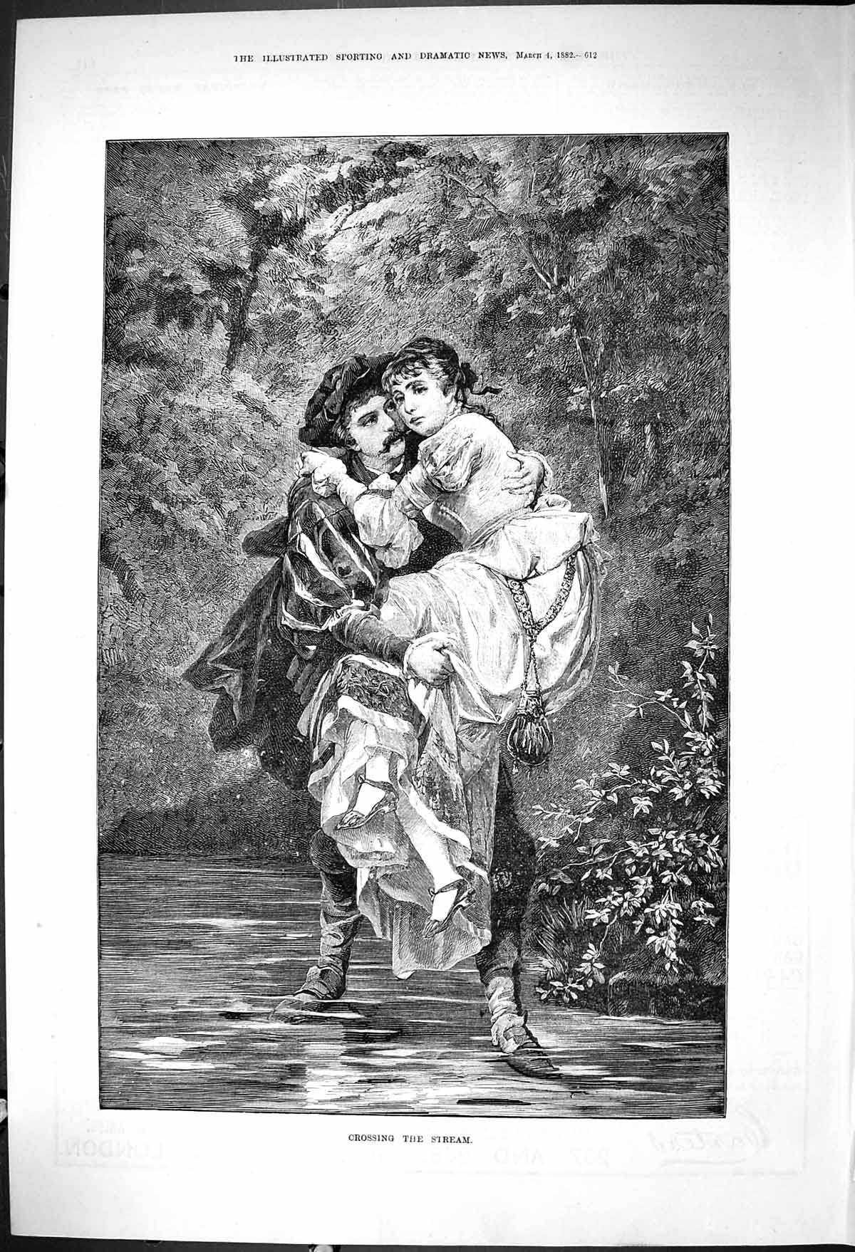 Original Old Antique Print 1882 Man Carring Lady Crossing Stream Romance 19th