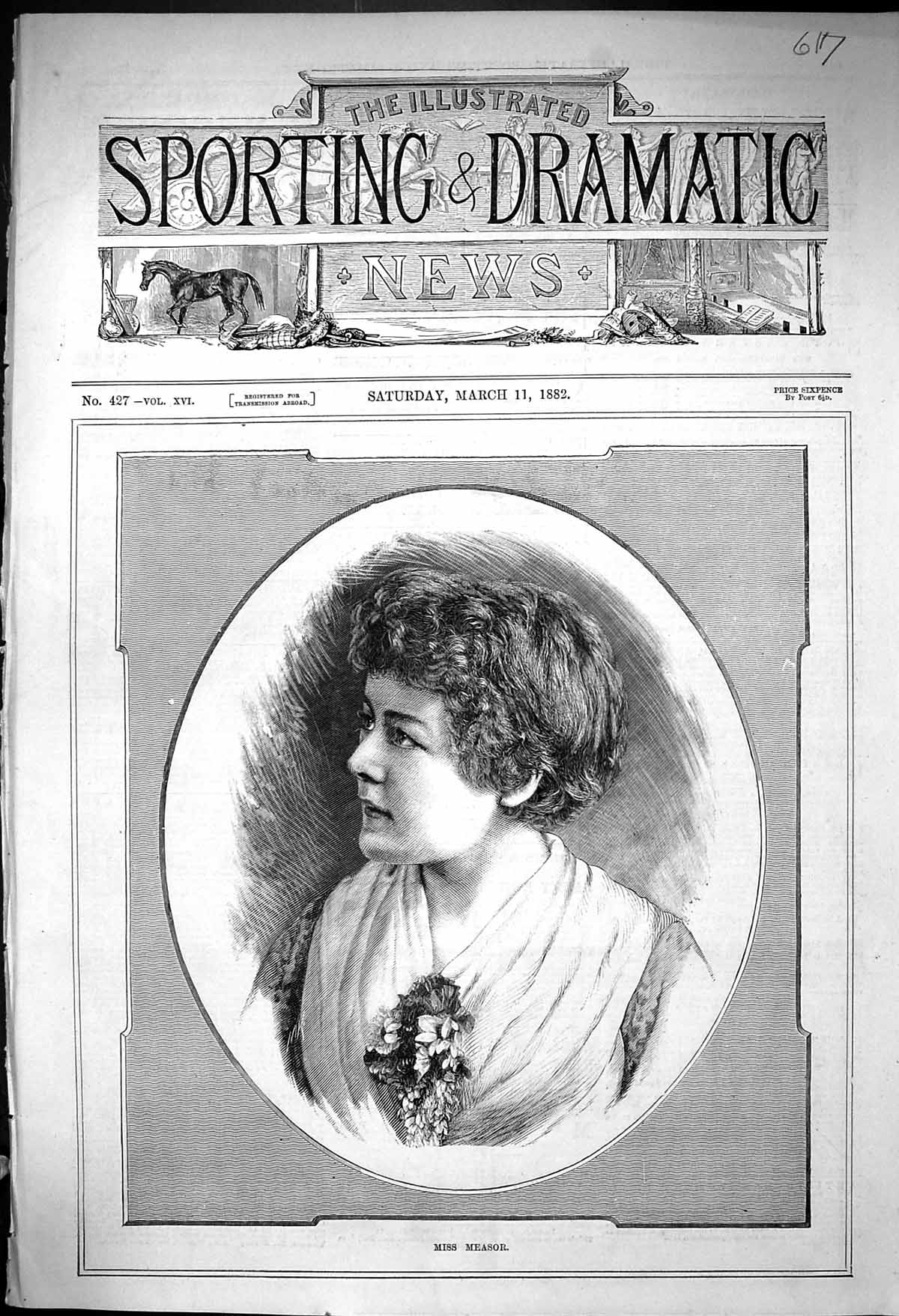 Original Old Antique Print 1882 Portrait Miss Measor Beautiful Woman Victorian