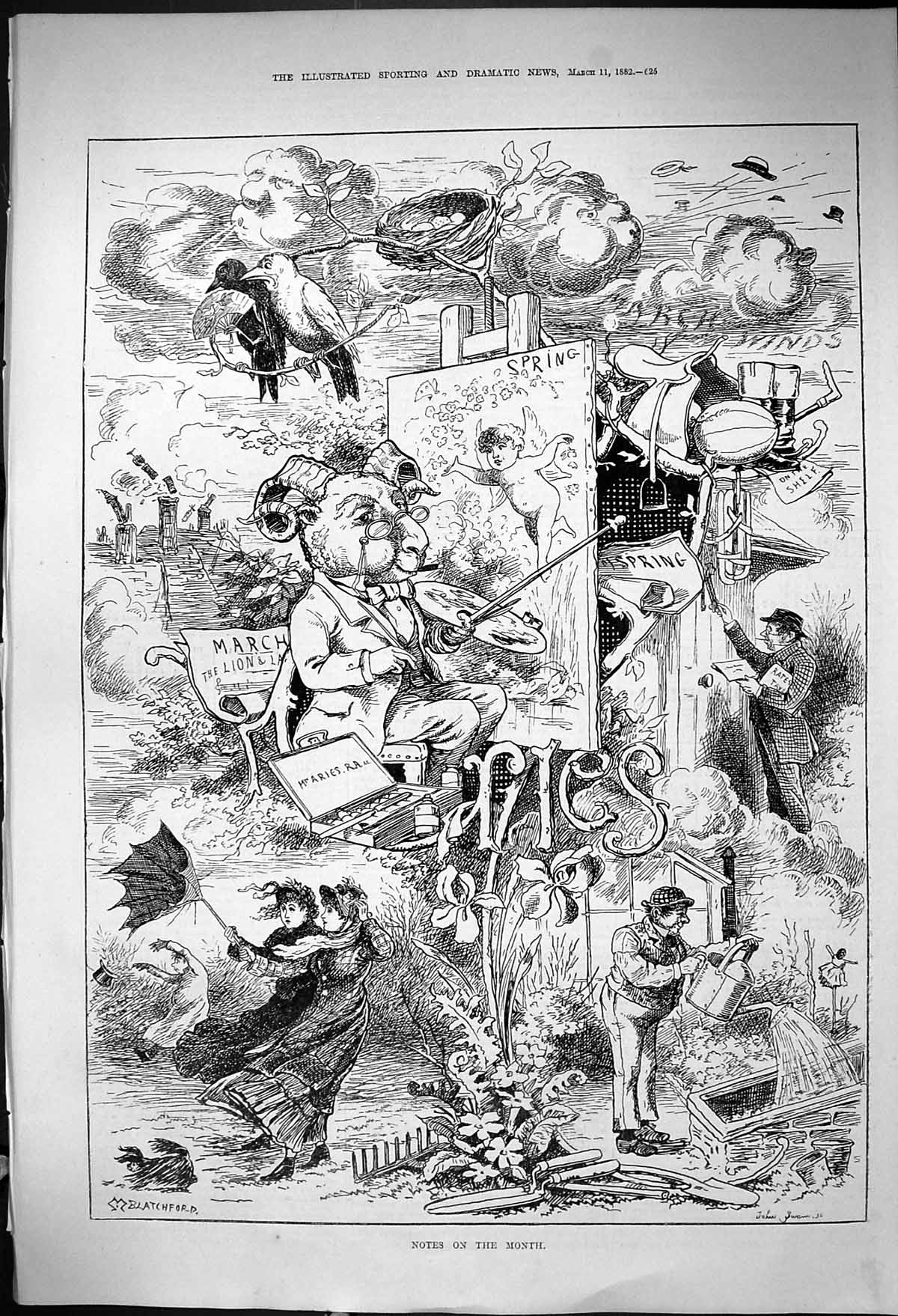 Old 1882 Notes Month March Spring Painting Windy Umbrella Watering Ca Victorian