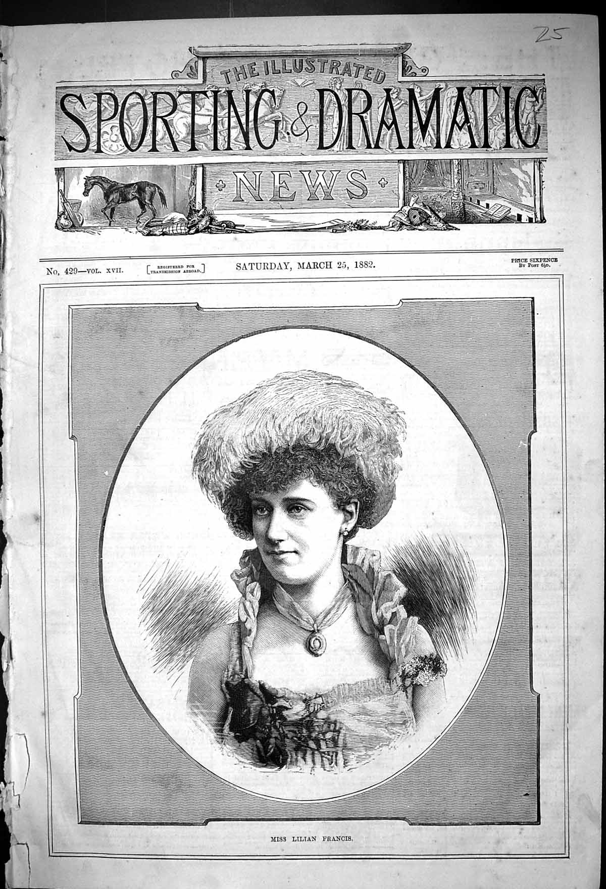Original Old Antique Print 1882 Portrait Miss Lilian Francis Beautiful Woman