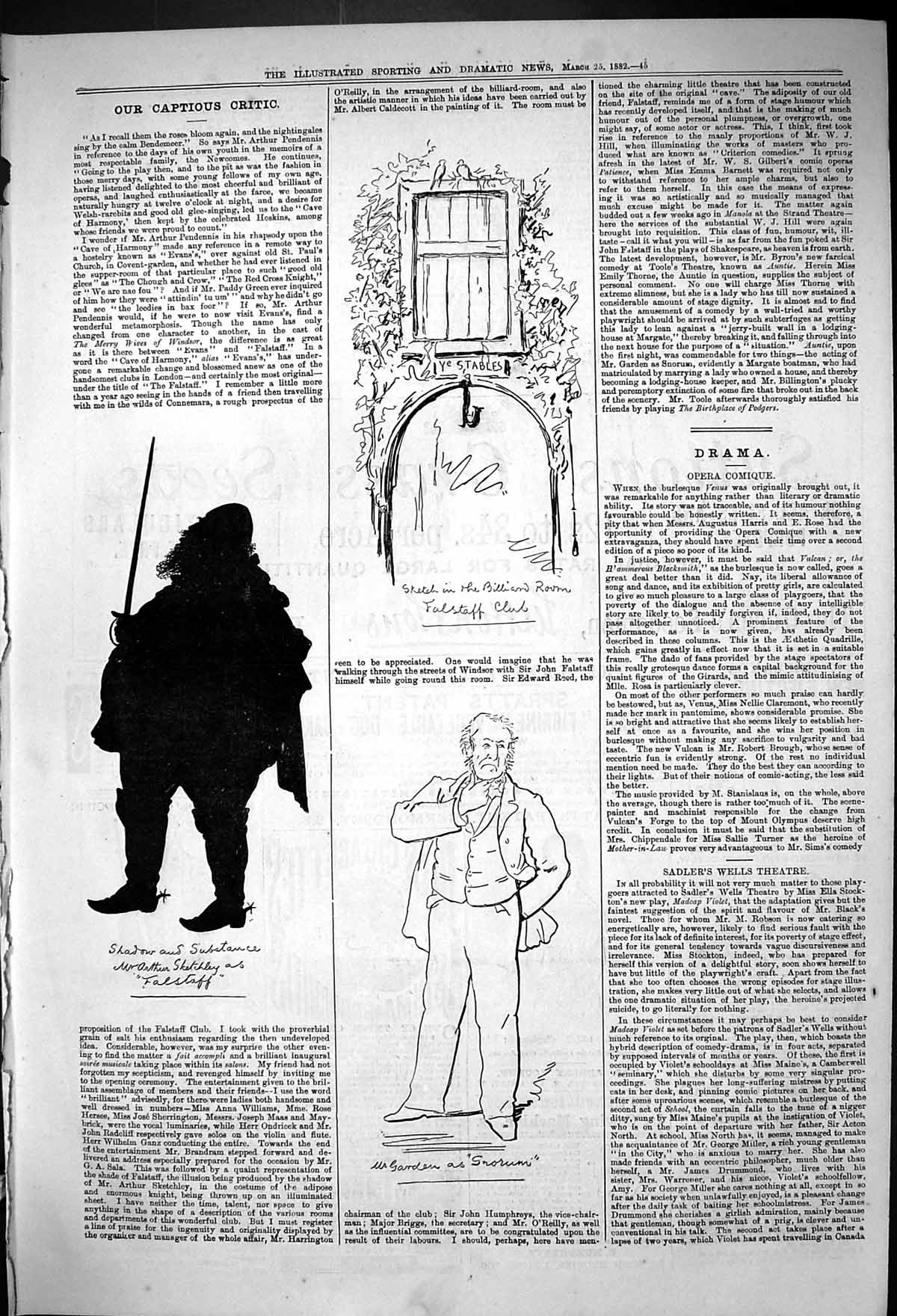 Antique Old Print 1882 Theatre Captious Critic Shadow Falstaff Club Garden 19th