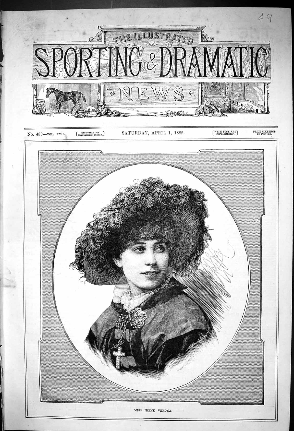Original Old Antique Print 1882 Portrait Beautiful Woman Miss Irene Verona 19th