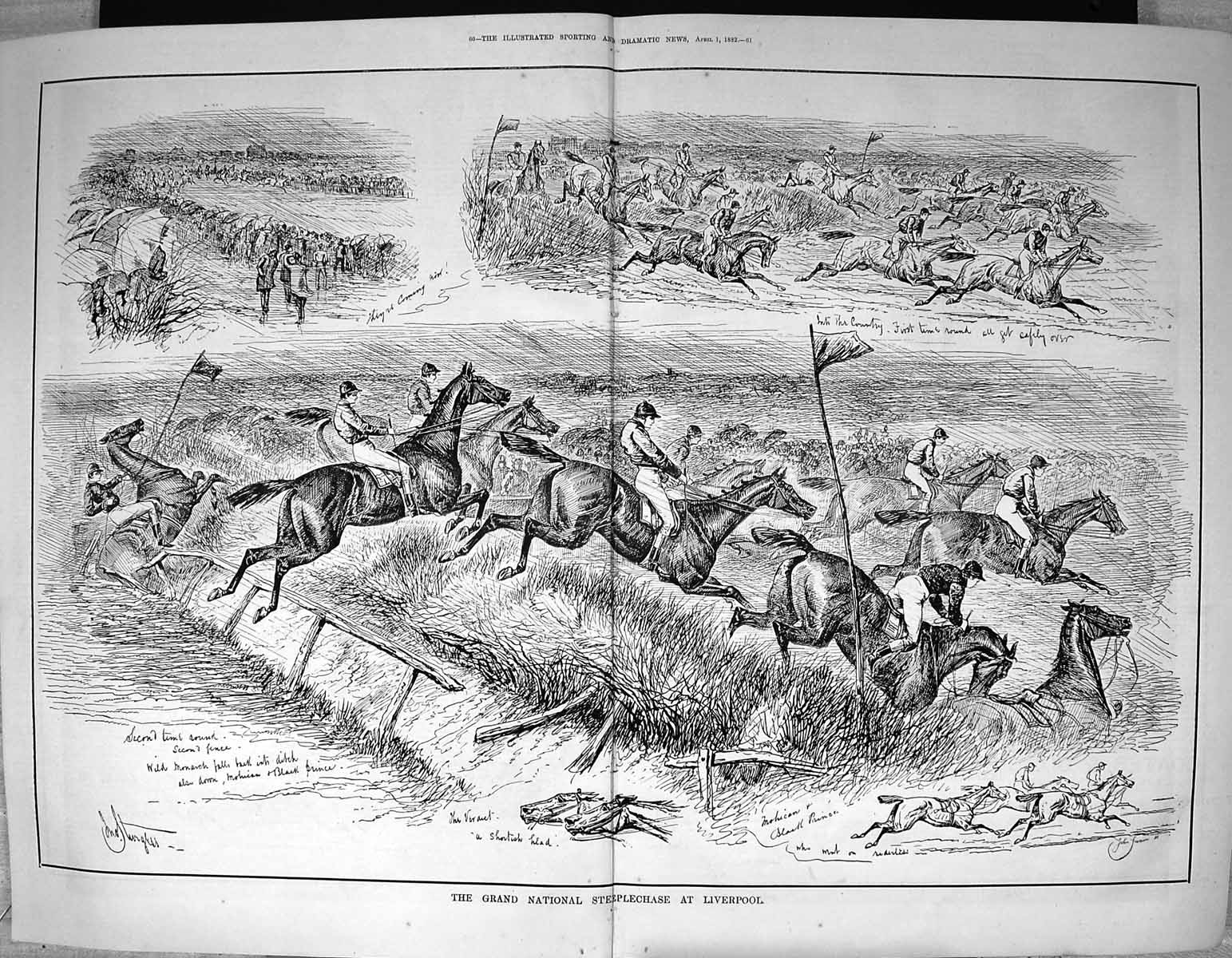 Old Print 1882 Grand National Steeplechase Liverpool Horse Racing Sport 0 19th