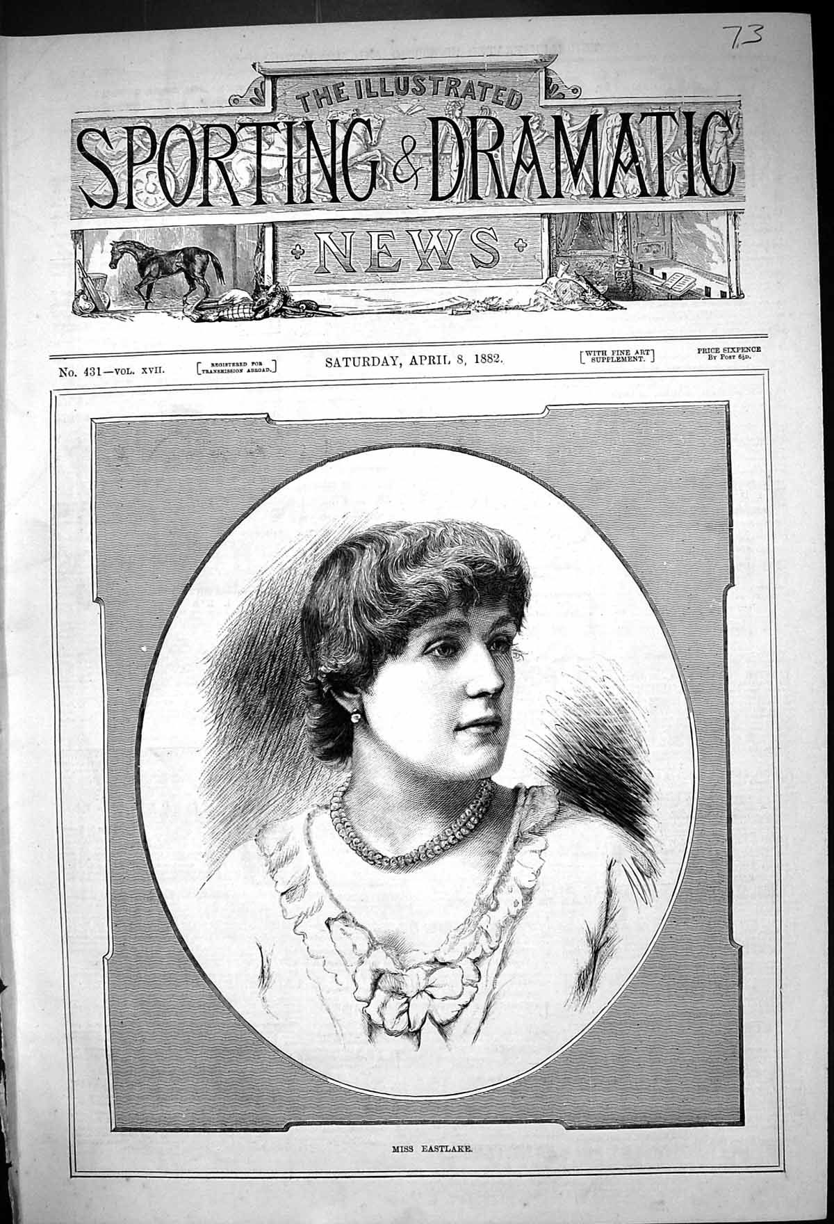Original Old Antique Print 1882 Portrait Beautiful Woman Miss Eastlake 19th