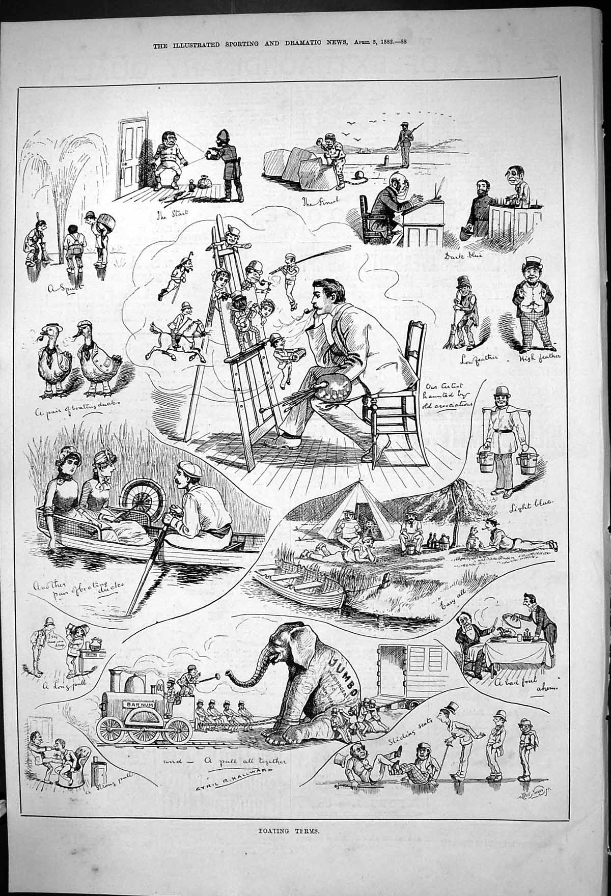 Original Old Antique Print 1882 Boating Terms Elephant Train Artist Painting