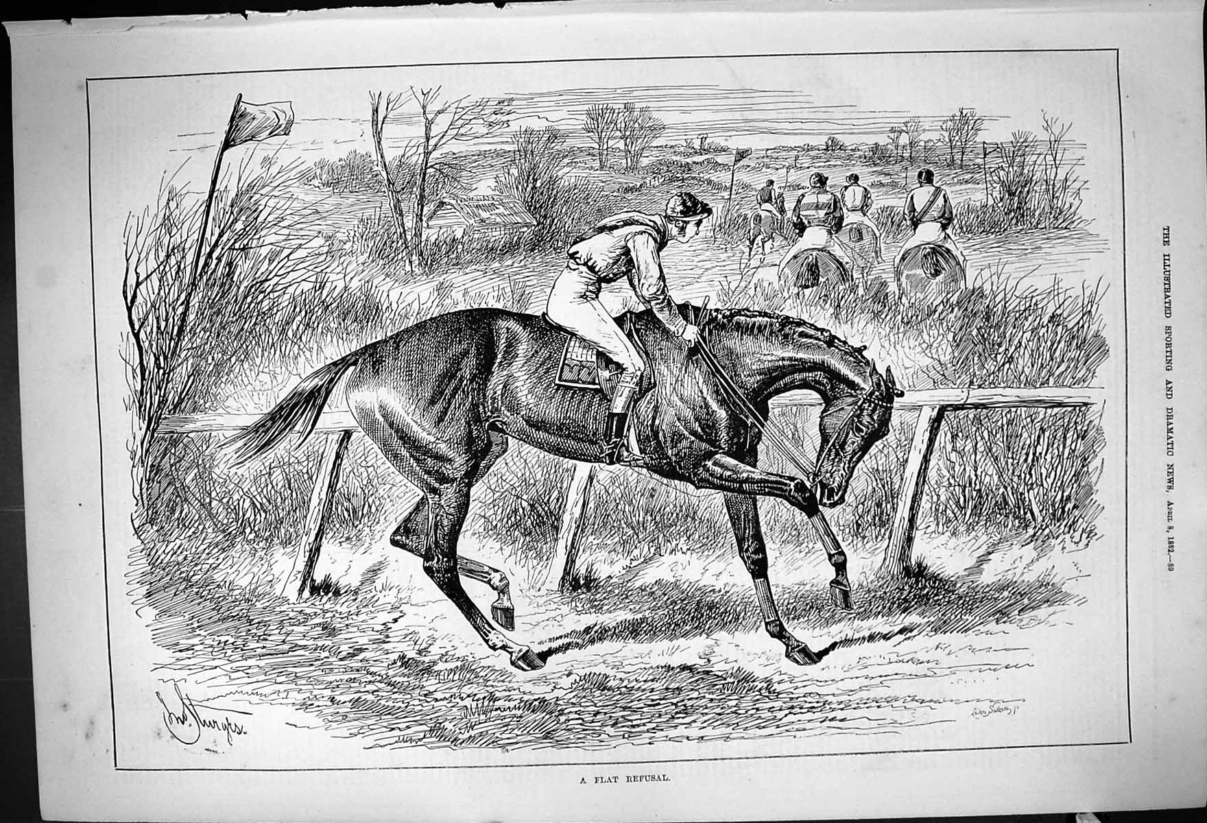 Antique Old Print 1882 Flat Refusal Horses Jockeys Jumping Hedge Fence Sport