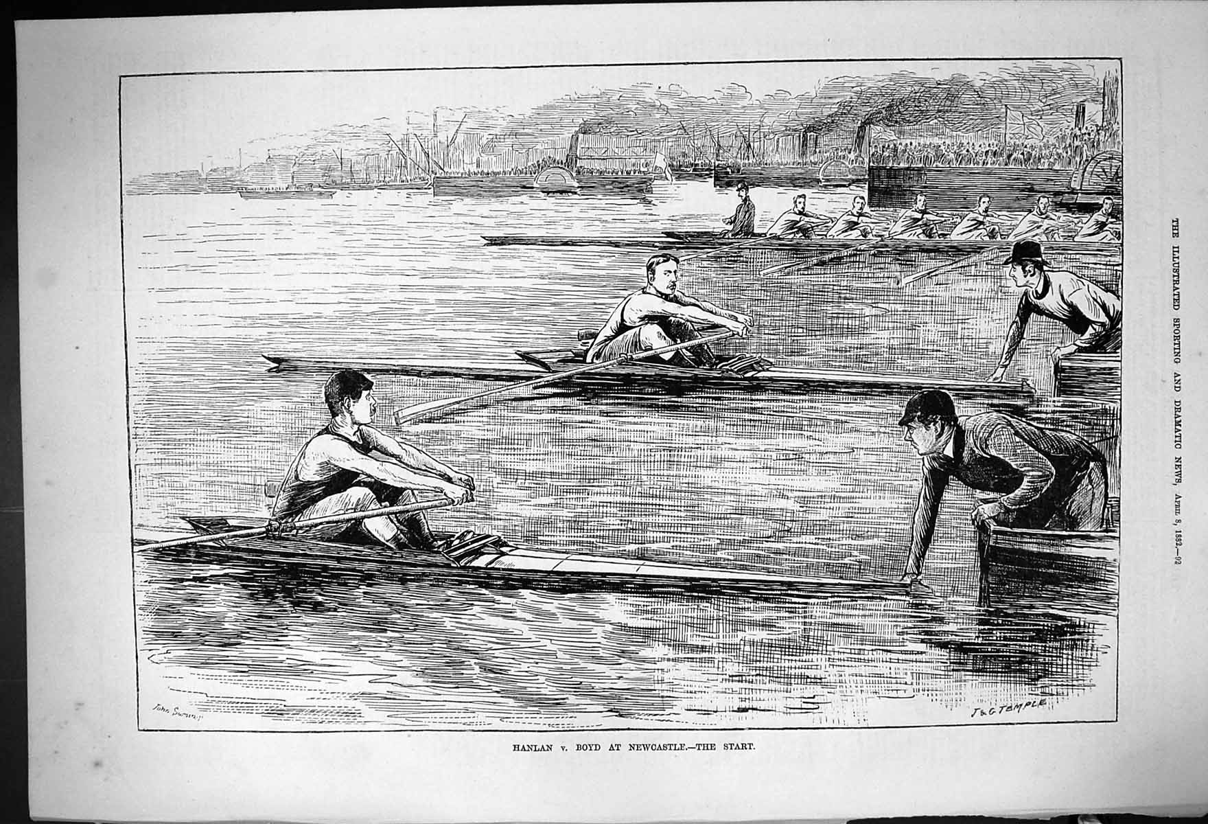 Old Antique Print 1882 Boat Race Hanlan Boyd Newcastle River Sport Temple 19th