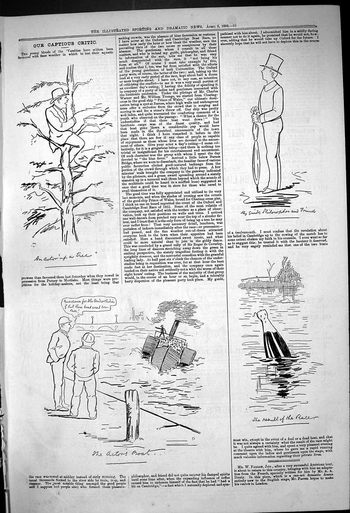 Original Old Antique Print Theatre Captious Critic Actor Tree River Boat 1882