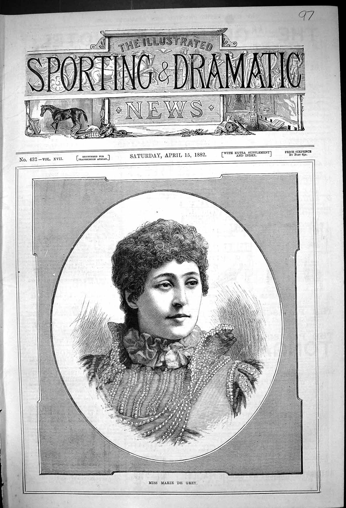 Original Old Antique Print 1882 Portrait Miss Marie De Grey Beautiful Woman