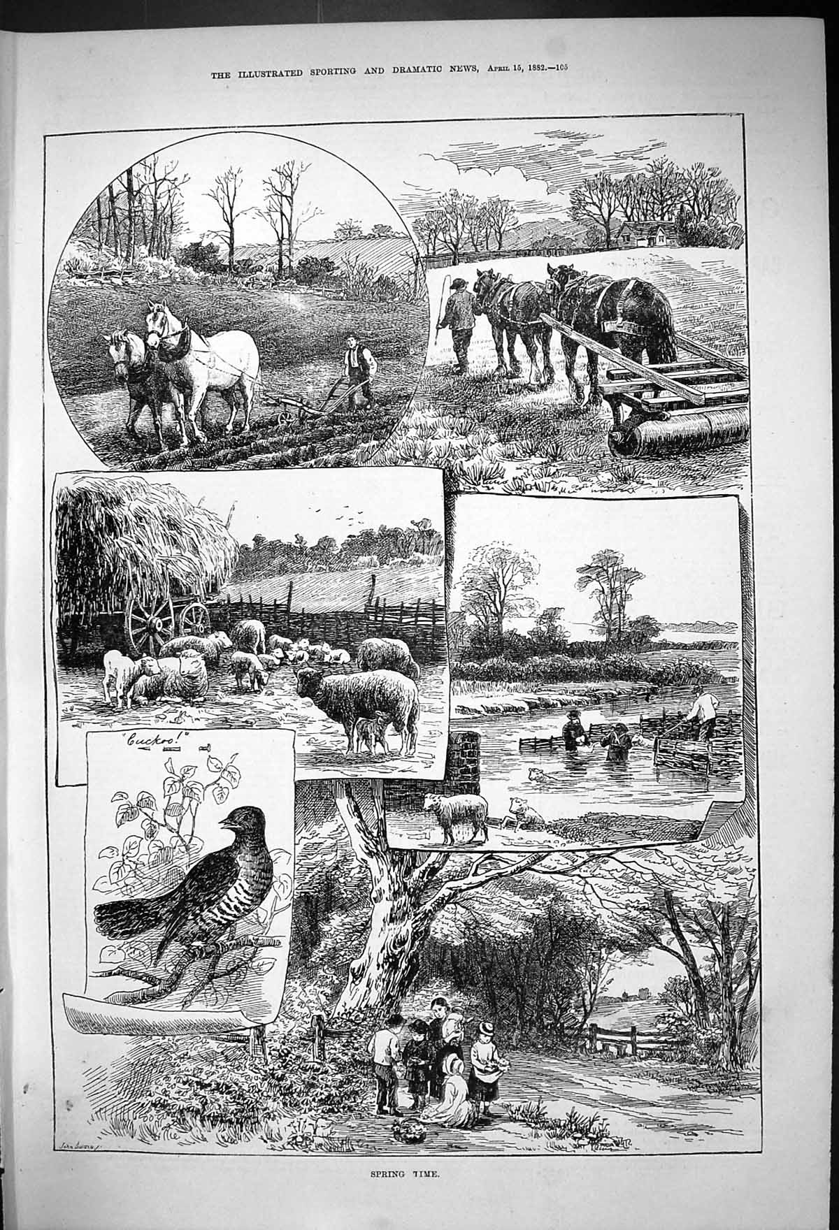 Old 1882 Spring Time Horses Ploughing Agriculture Sheep Cuckoo Birds Victorian