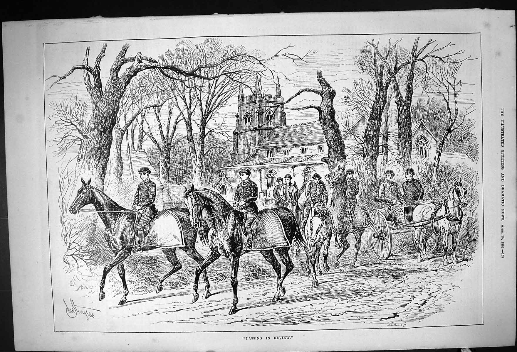 Original Old Antique Print 1882 Passing Review Horses Hunting Church Scene 19th