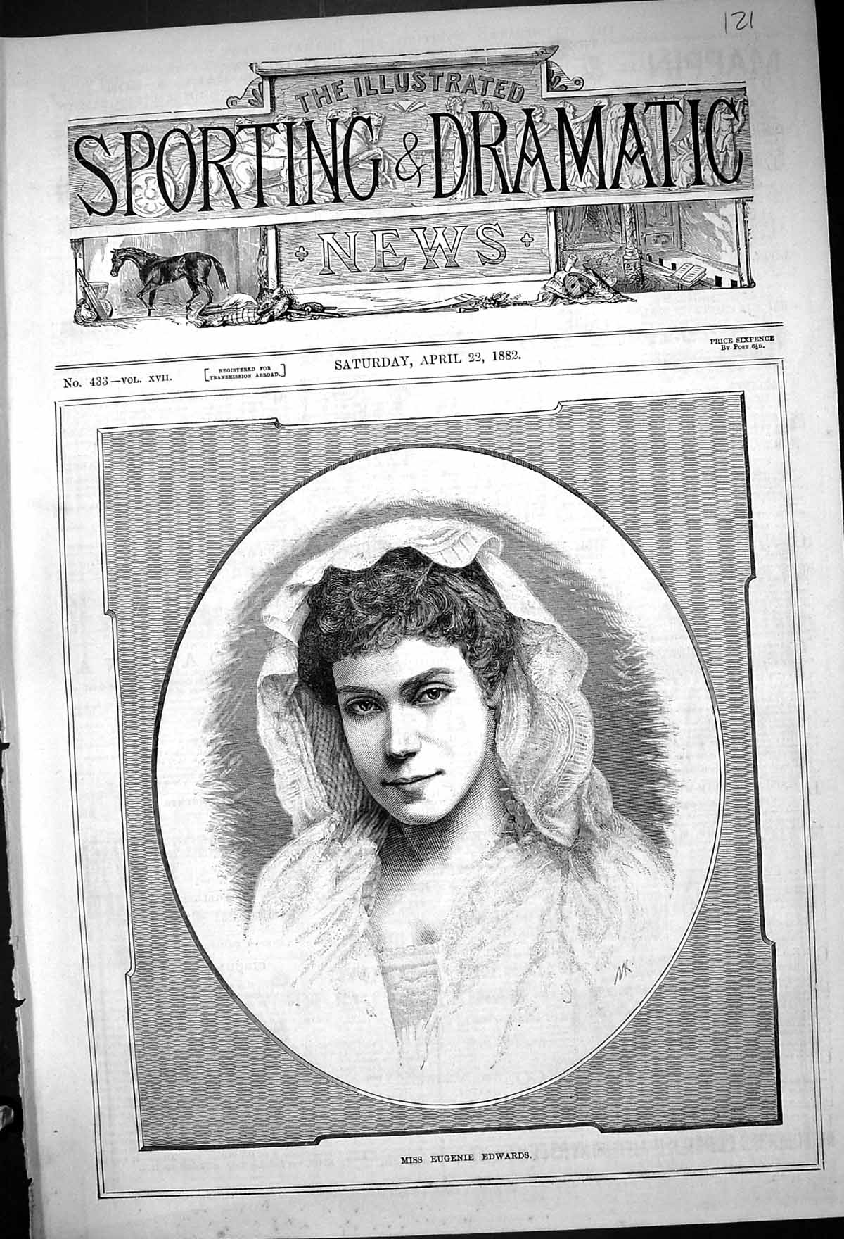 Original Old Antique Print 1882 Portrait Beautiful Woman Miss Eugenie Edwards