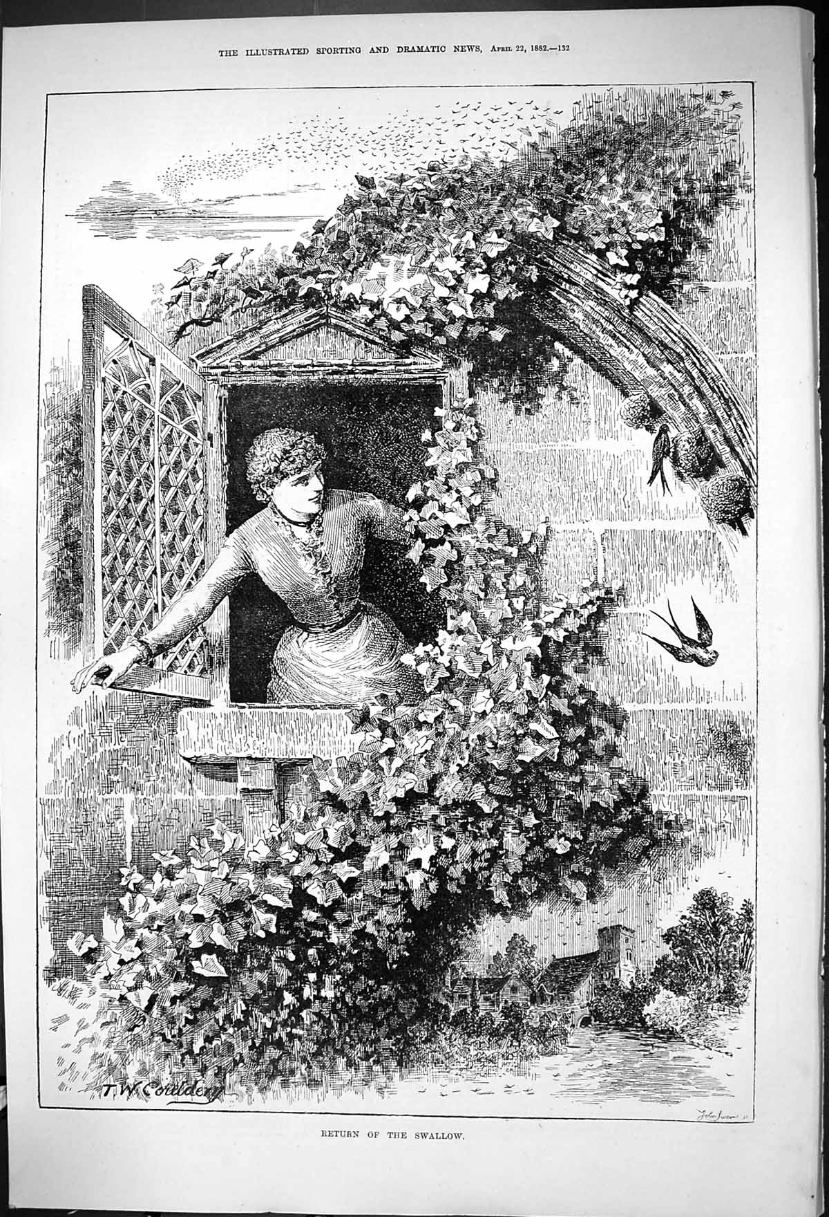 Antique Old Print 1882 Return Swallow Bird Woman House Window Couldery Swain