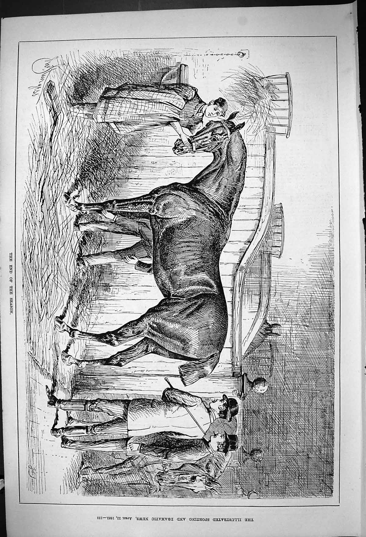Antique Old Print 1882 End The Season Hunting Horses Stable Scene Huntsmen 19th