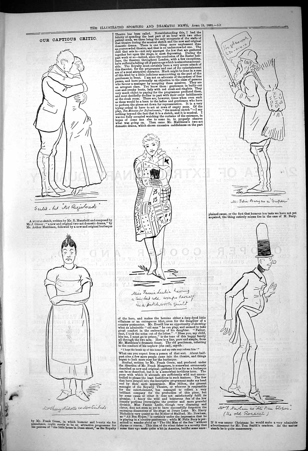 Original Old Antique Print Theatre Captious Critic Nicholls Newham Felix 1882