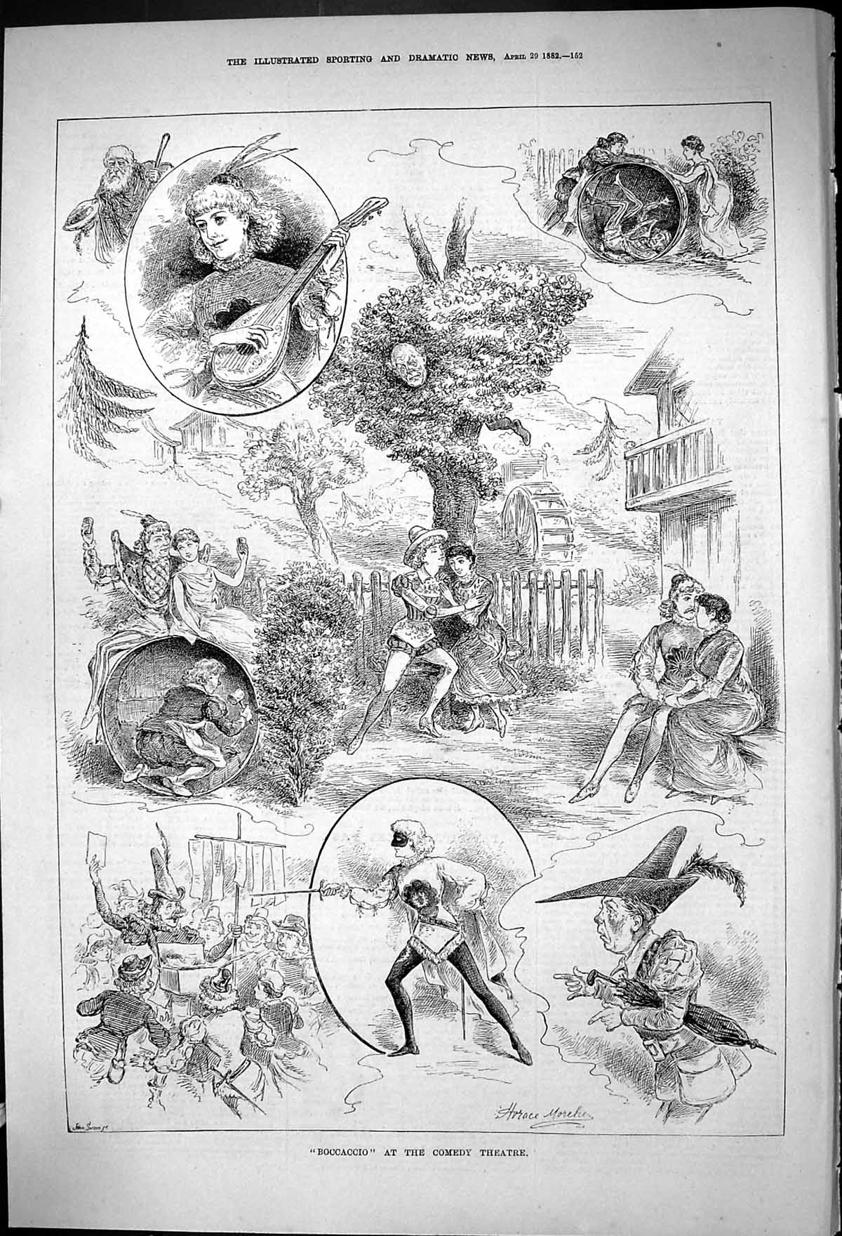 Original Old Antique Print 1882 Boccaccio Comedy Theatre Actors Music Romance