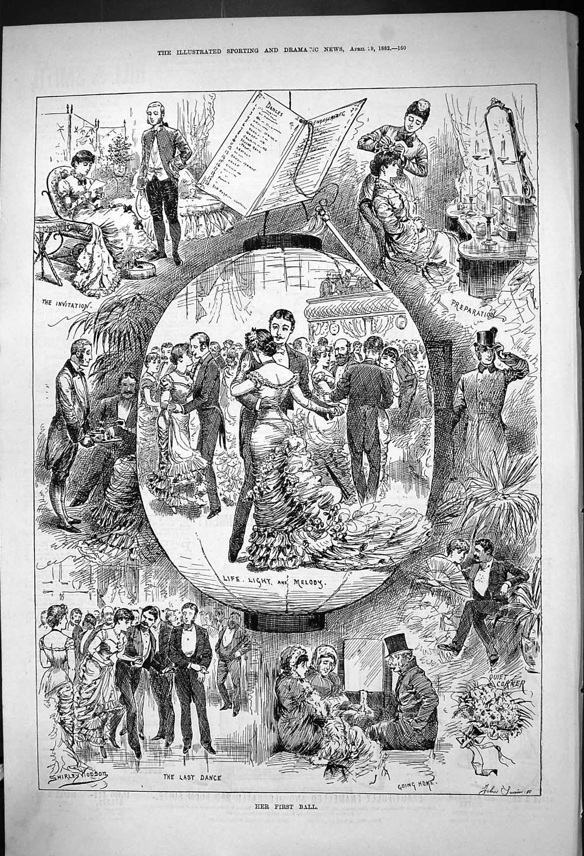 Original Old Antique Print 1882 Young Womans Lady First Ball Romance Dancing