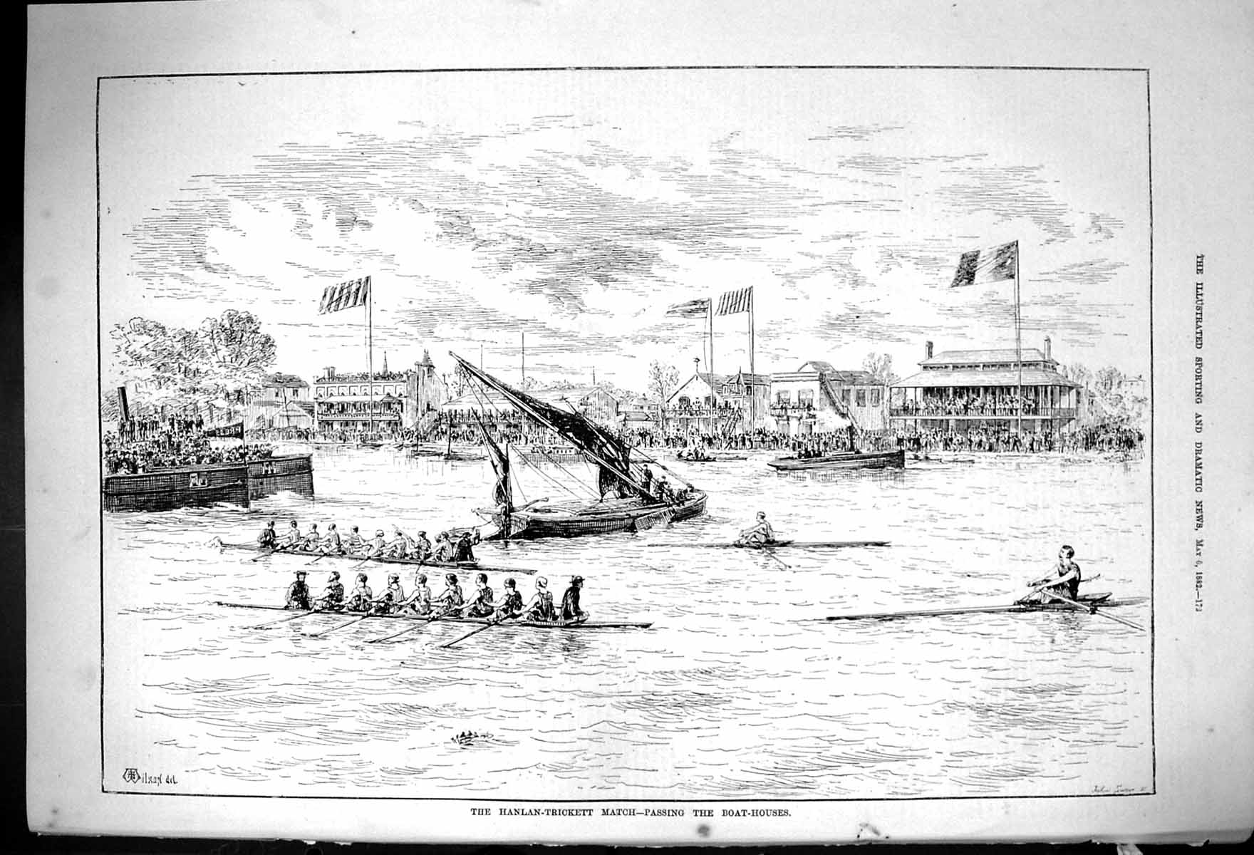 Old 1882 Hanlan Trickett Match River Boats Passing Boat Houses Sport Victorian