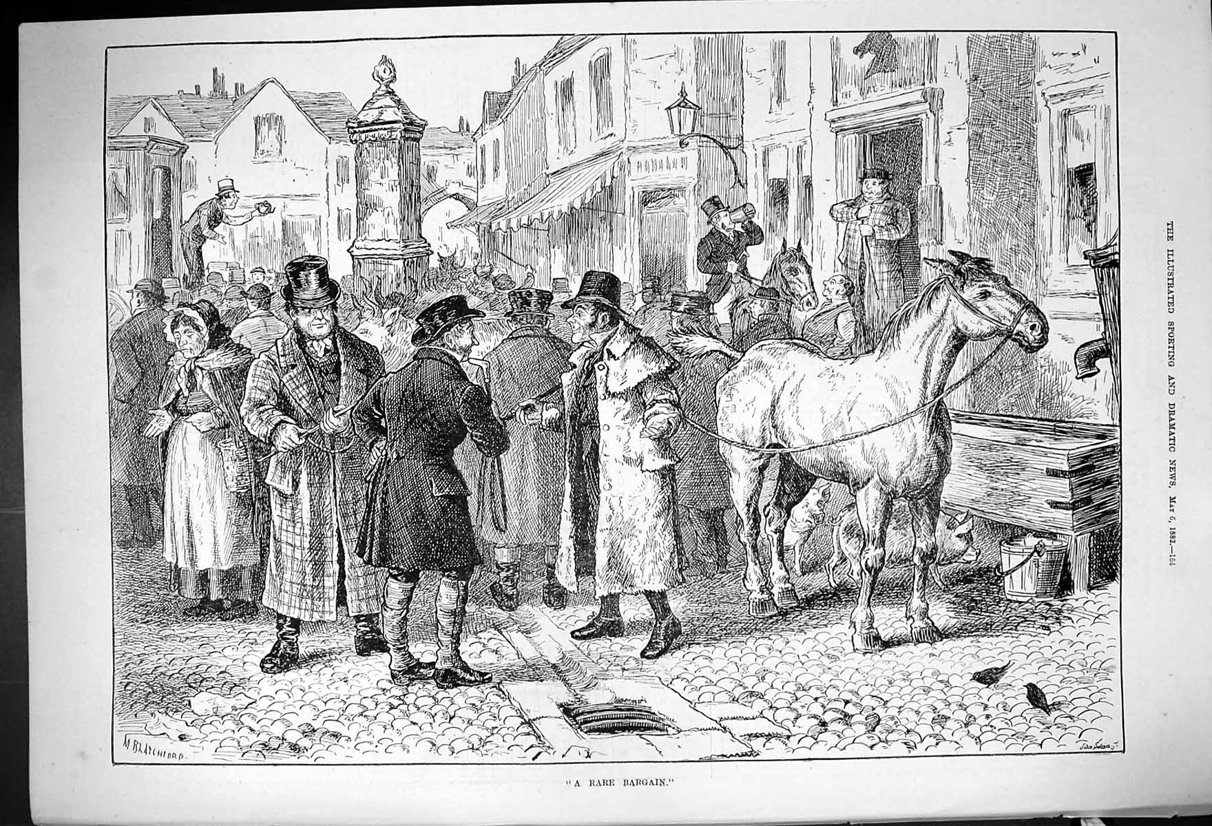 Original Old Antique Print 1882 Rare Bargain Horse Sale Street Scene Men Market