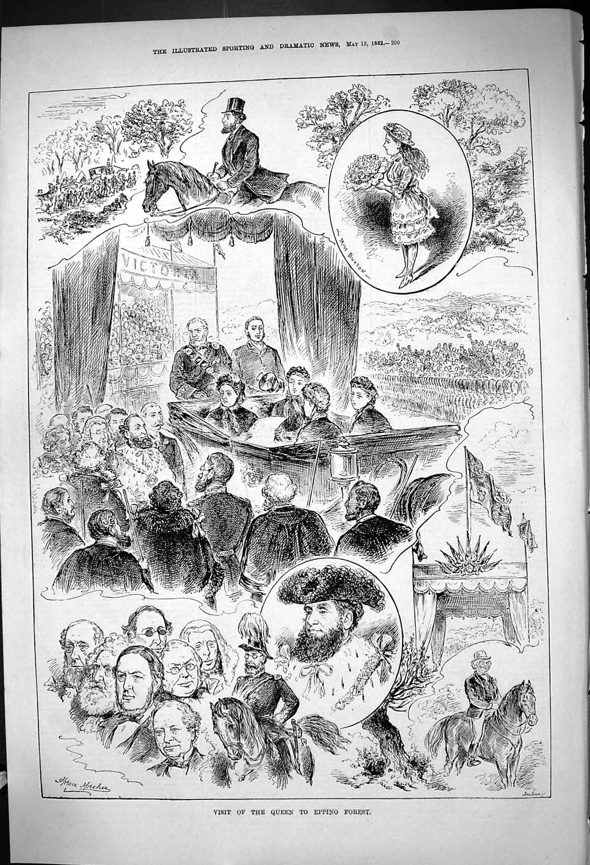 Antique Old Print 1882 Visit Queen Epping Forest Miss Buxton Royal Procession