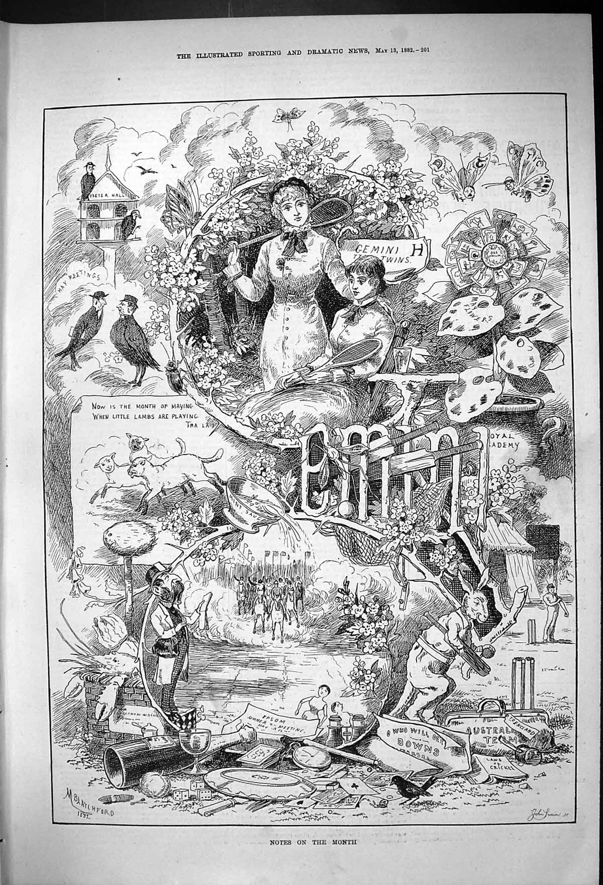 Old 1882 Gemini Astrology Twins Epsom Horse Racing Cricket Lambs Blat Victorian