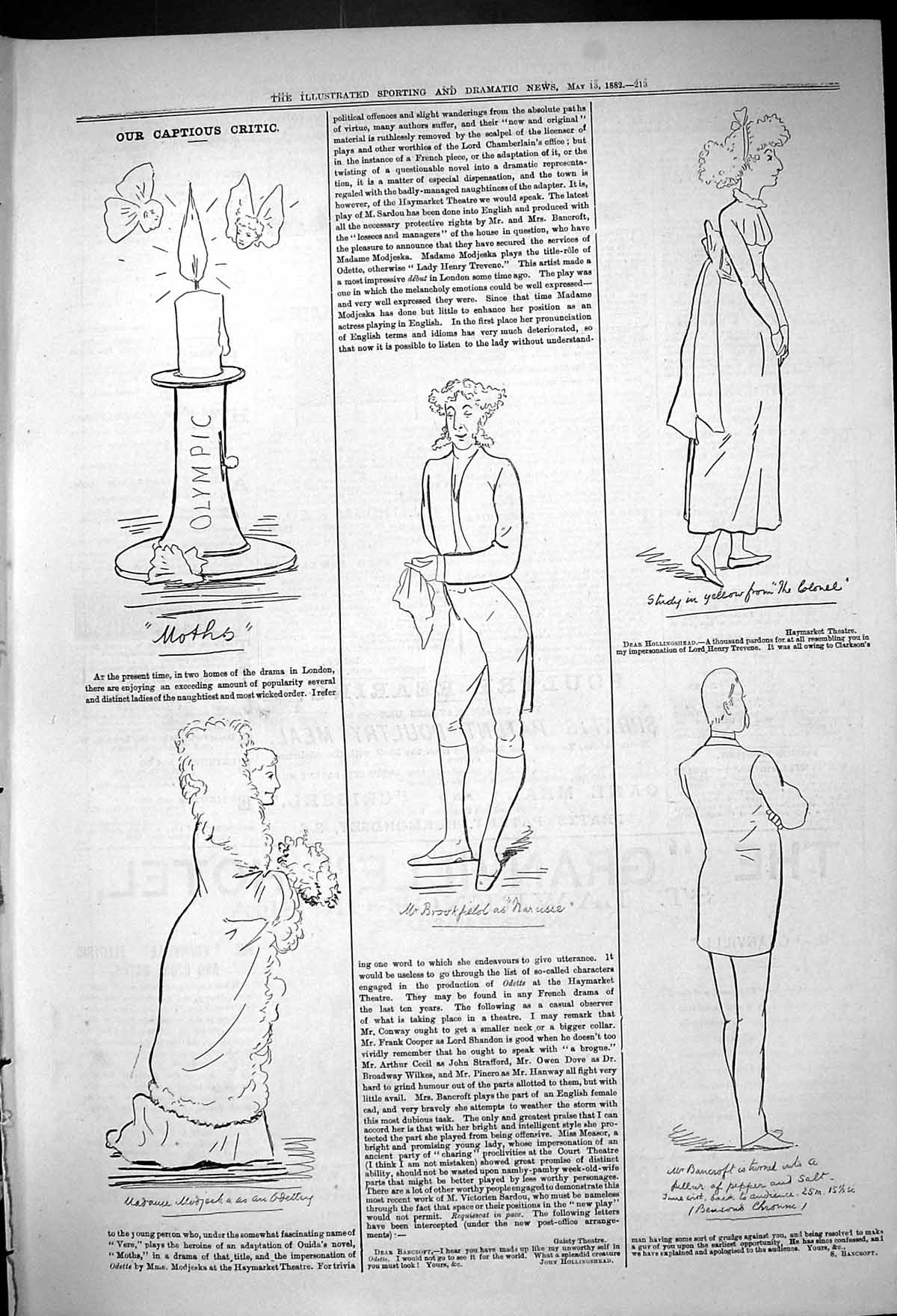 Old Antique Print Theatre Captious Critic Olympic Brookfield Colonel 1882 19th