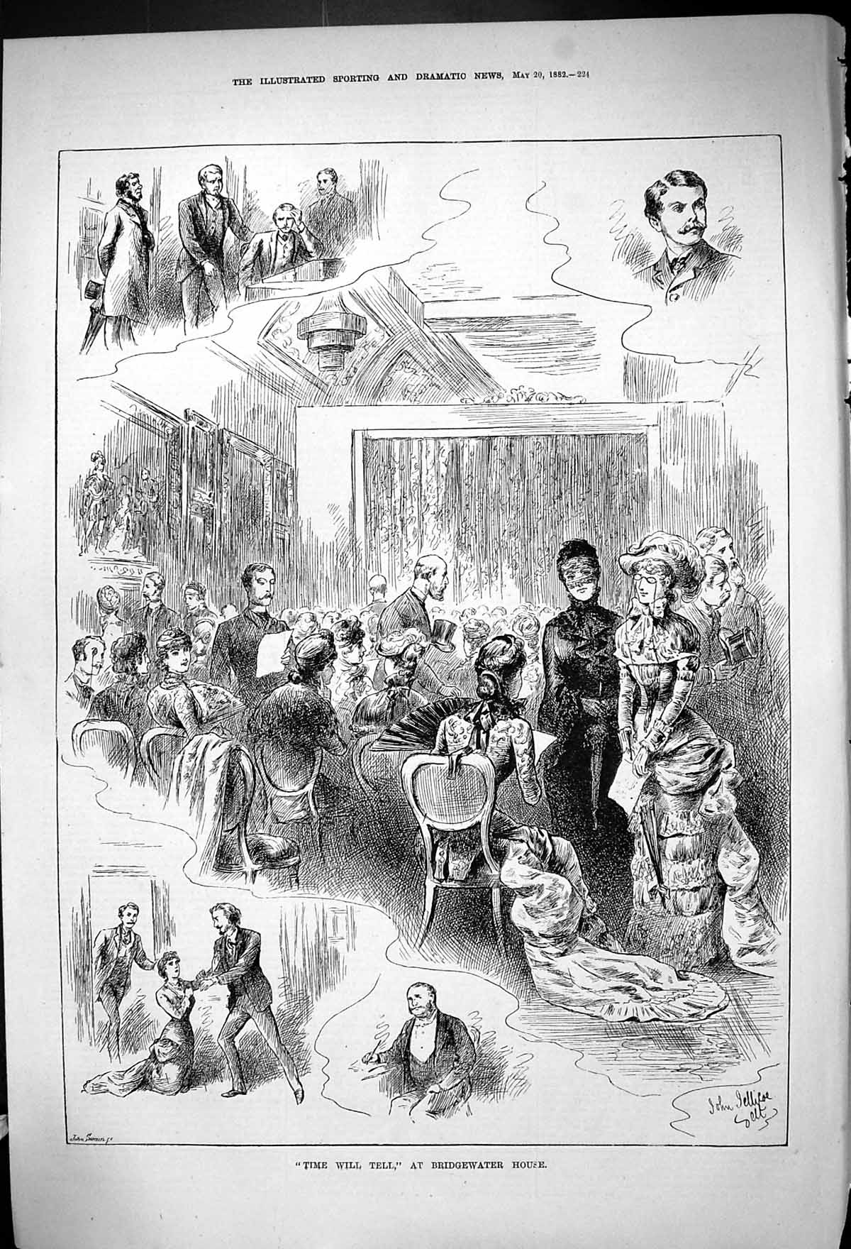 Antique Old Print 1882 Time Will Tell Bridgewater House Theatre Spectators 19th