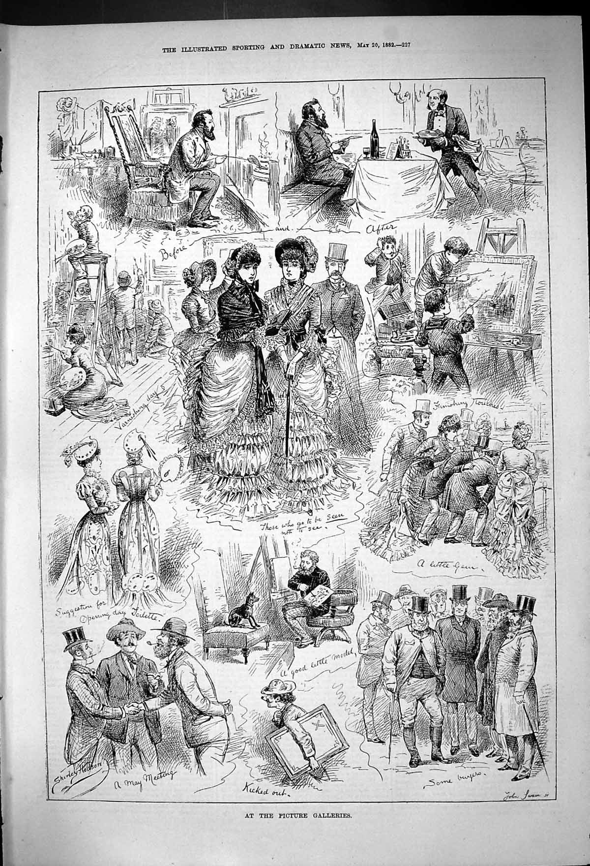 Antique Old Print 1882 Picture Galleries Art Paintings Ladies Fashion Artists
