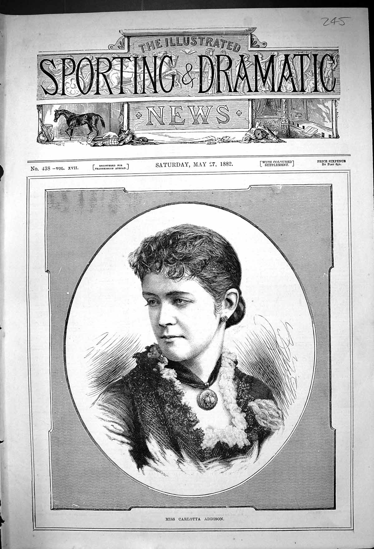 Original Old Antique Print 1882 Portrait Miss Charlotta Addison Beautiful Woman