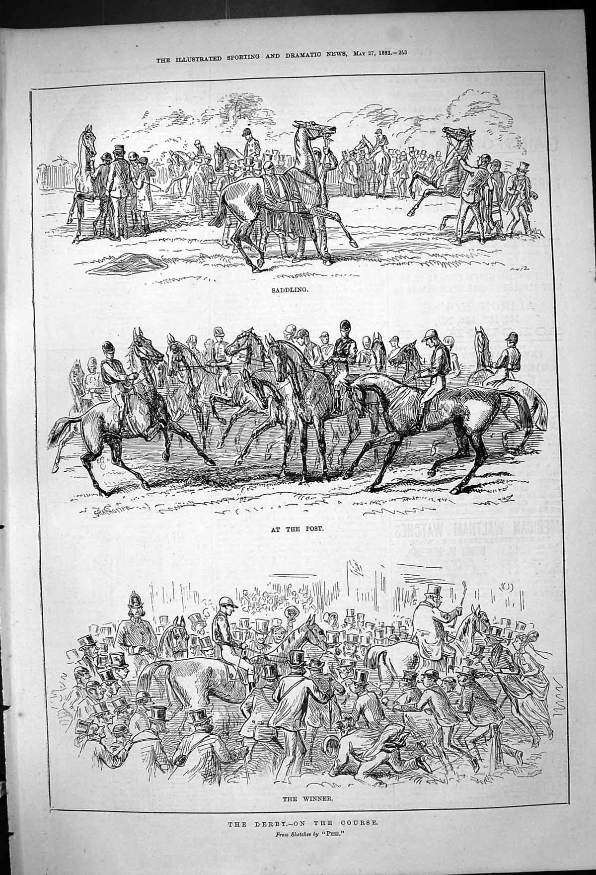 Old 1882 Derby Horse Racing Saddling Start Line Jockeys Winner Sport Victorian