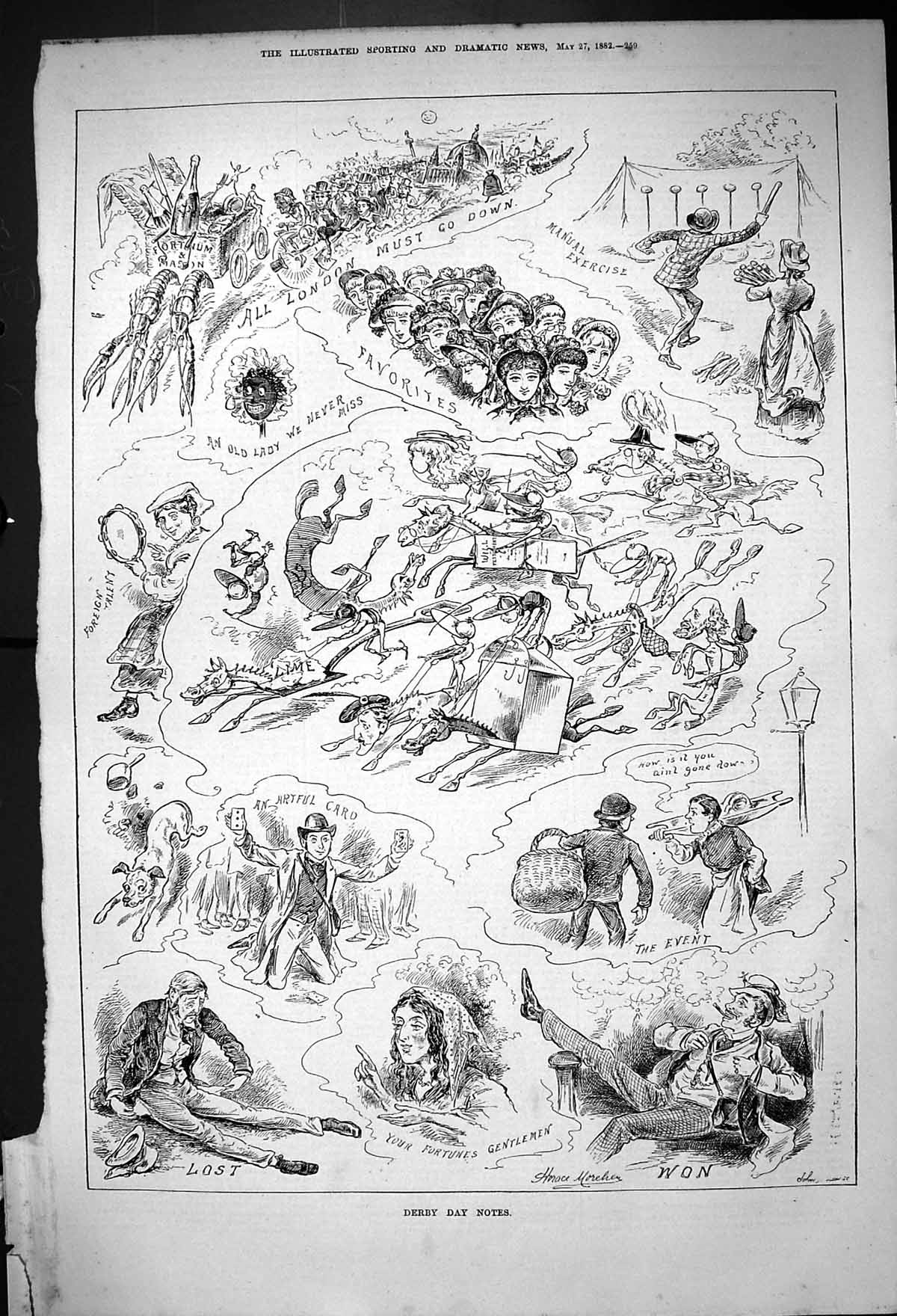 Original Old Antique Print 1882 Derby Day Notes Horse Racing Spectators Sport
