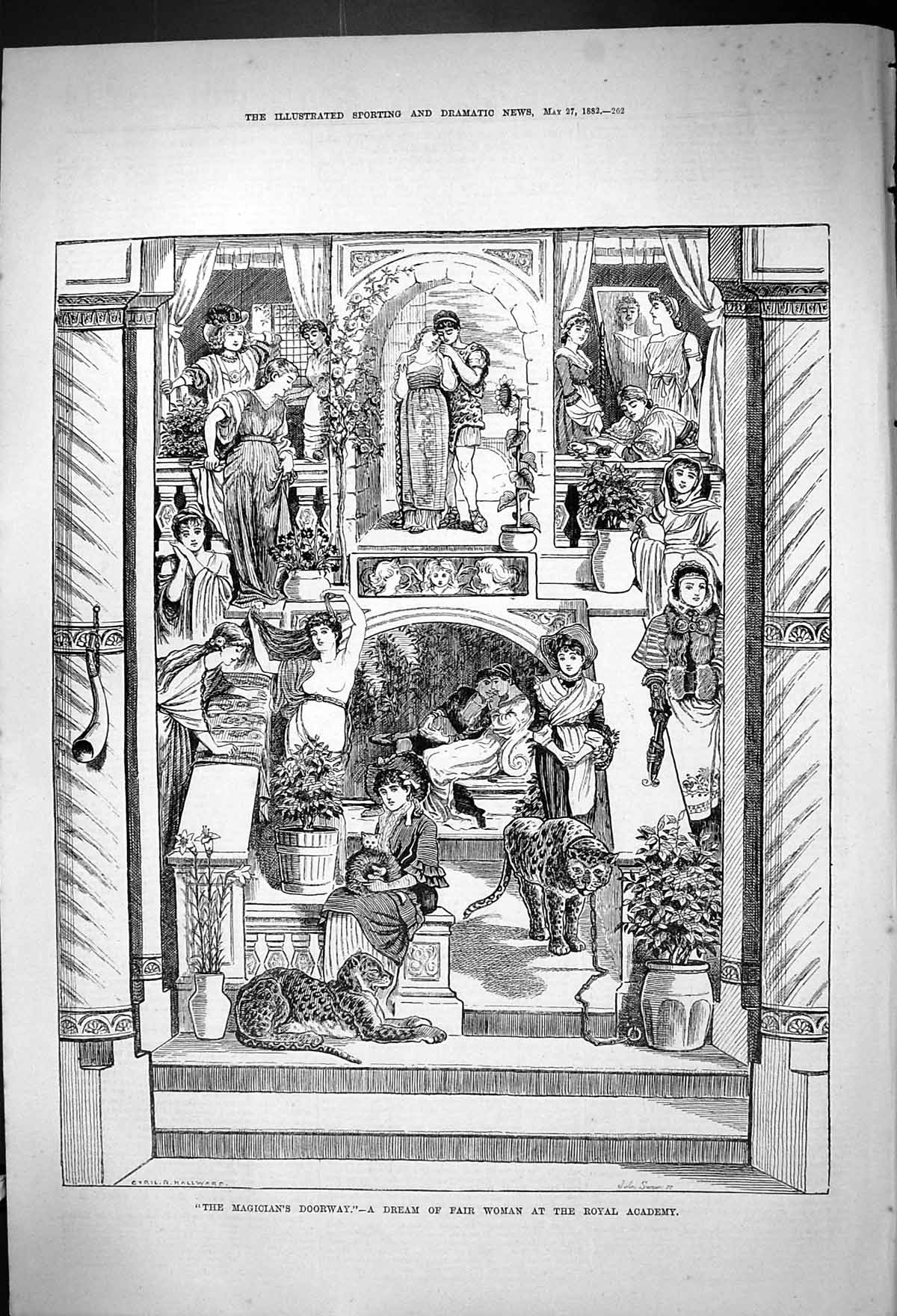 Old Antique Print Magicians Doorway Dream Fair Woman Royal Academy 1882 19th