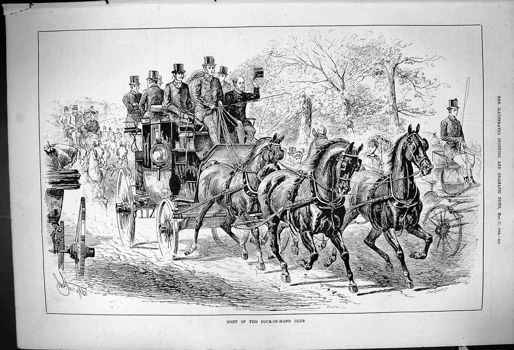 Antique Old Print 1882 Meet Four-In-Hand Club Horses Coach Transport Swain 19th