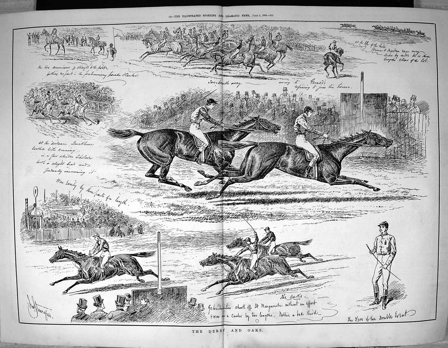 Original Old Antique Print 1882 Derby Oaks Horse Racing Sport Jockeys 19th